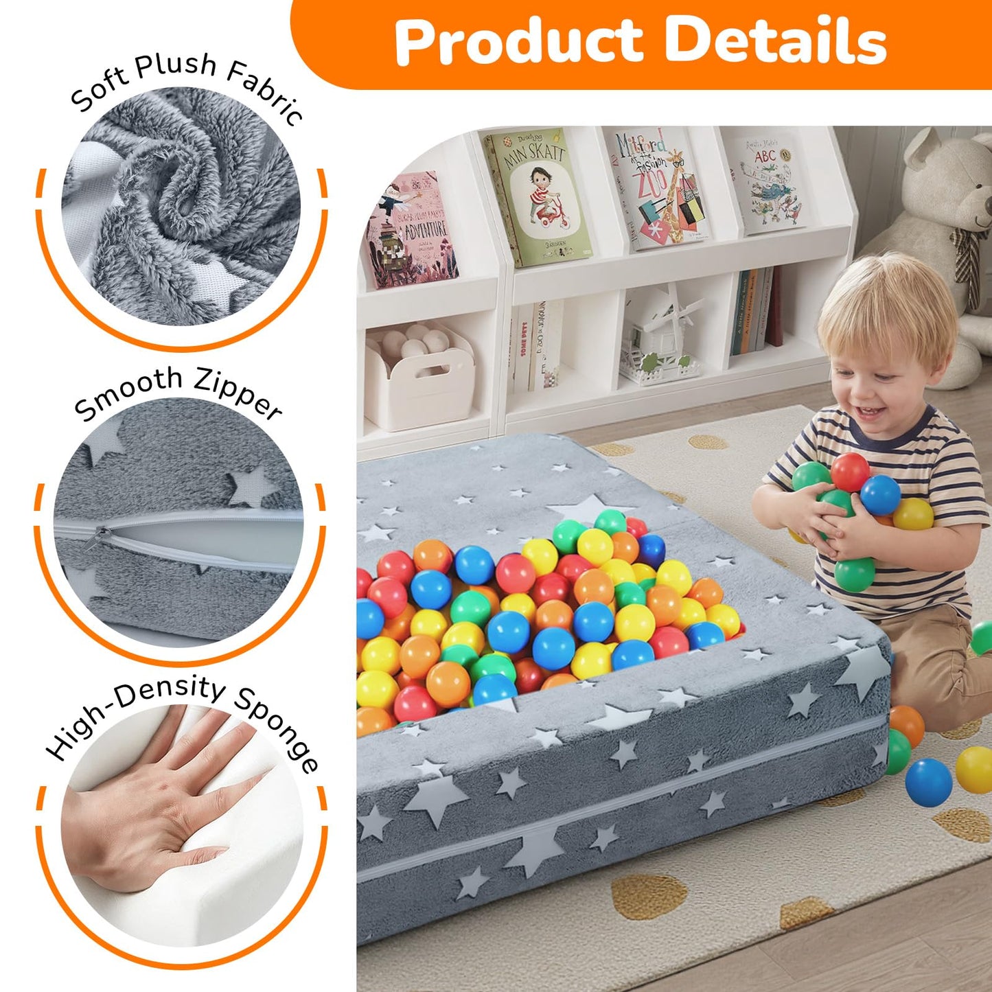 MeMoreCool Modular Kids Play Couch Sofa – Glow-in-the-Dark Star Design, Fold-Out Toddler Couch for Playroom Furniture, Grey