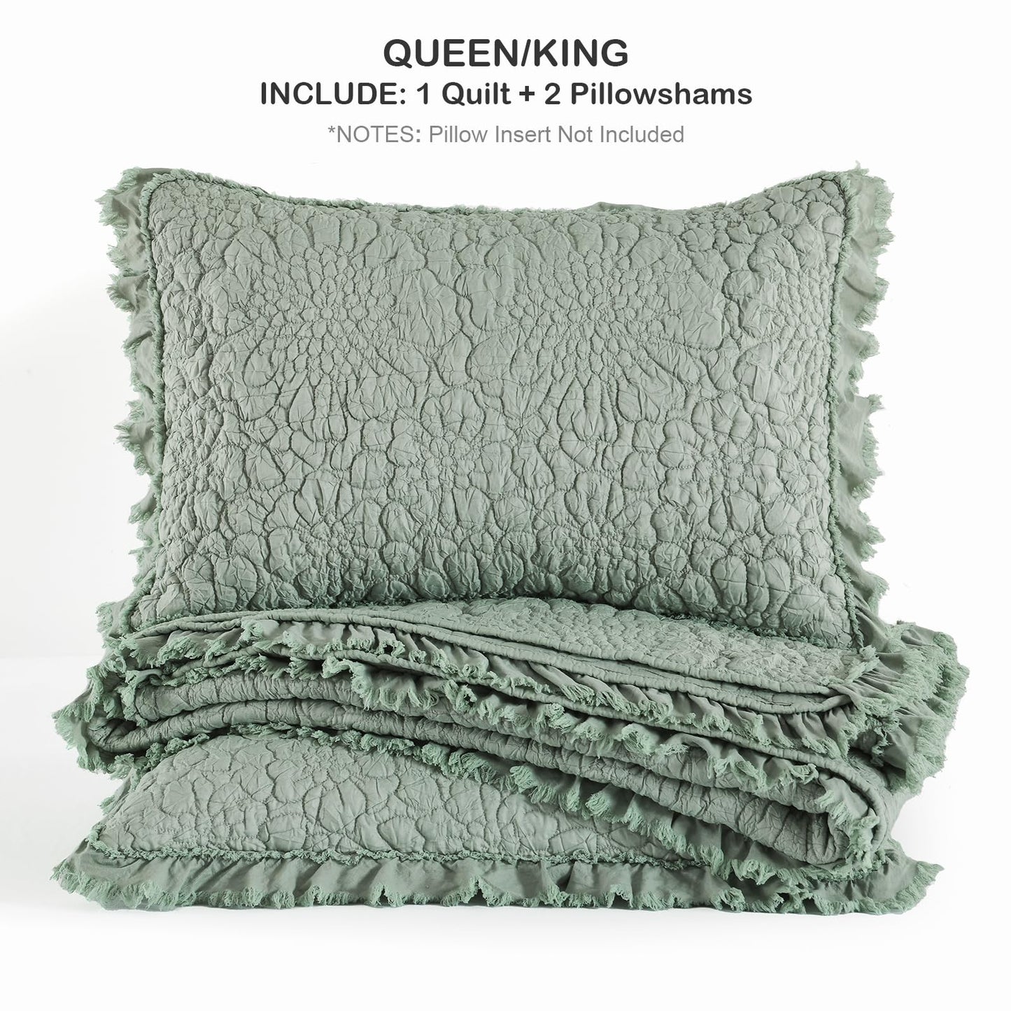 HORIMOTE HOME Sage Green Ruffled Quilt King Size, Shabby Chic Floral Quilt Set Lightweight Crinkled Farmhouse Rustic Bedding Set, 3 Pieces Reversible Bedspread with 2 Pillow Shams for All Season