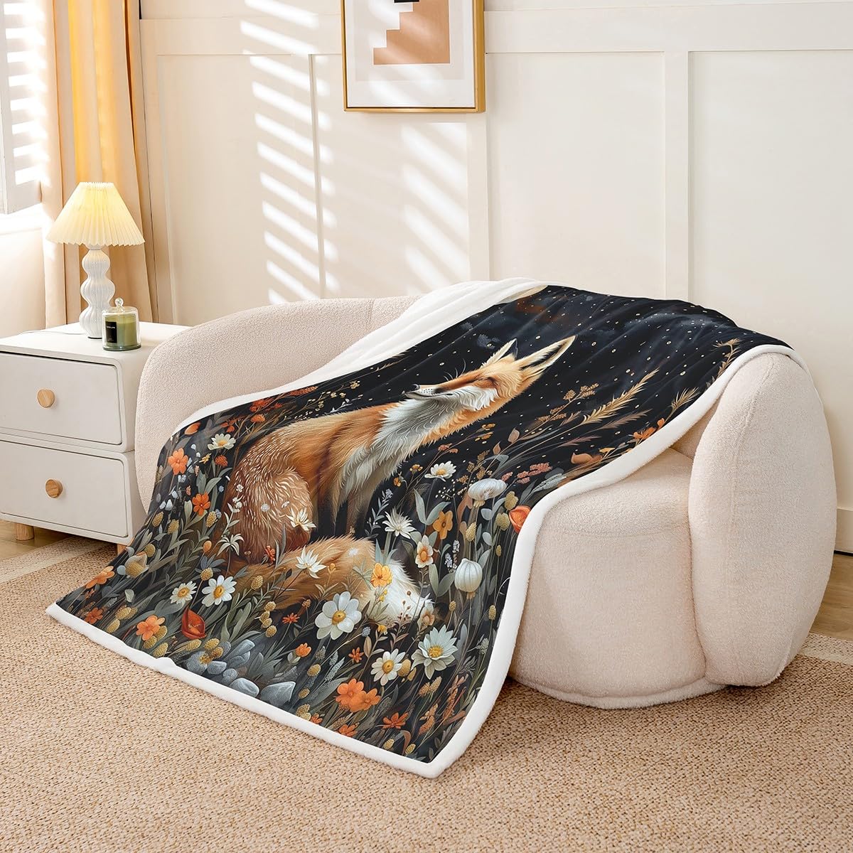 Erosebridal Fox Fleece Blanket Jungle Floral Sherpa Blanket 90"x90", Bohemian Garden Flowers Wild Animal Woodland Animals Fuzzy Plush Throw