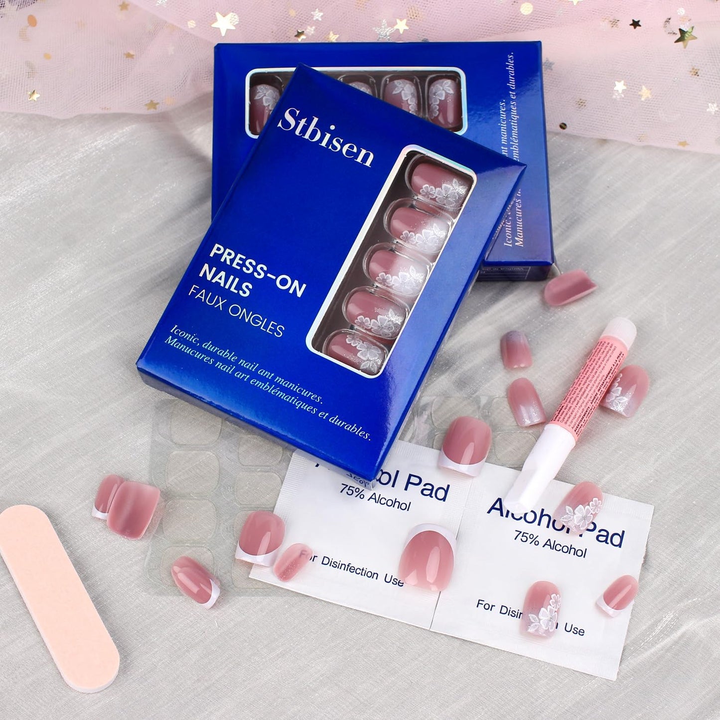 Mivota Short Square Press On Nails White Nude Gradient False Nails with White Silver Flowers Acrylic Press in Nails Gel Stick On Nails Set Glue on Nail for Women & Girls 24Pcs