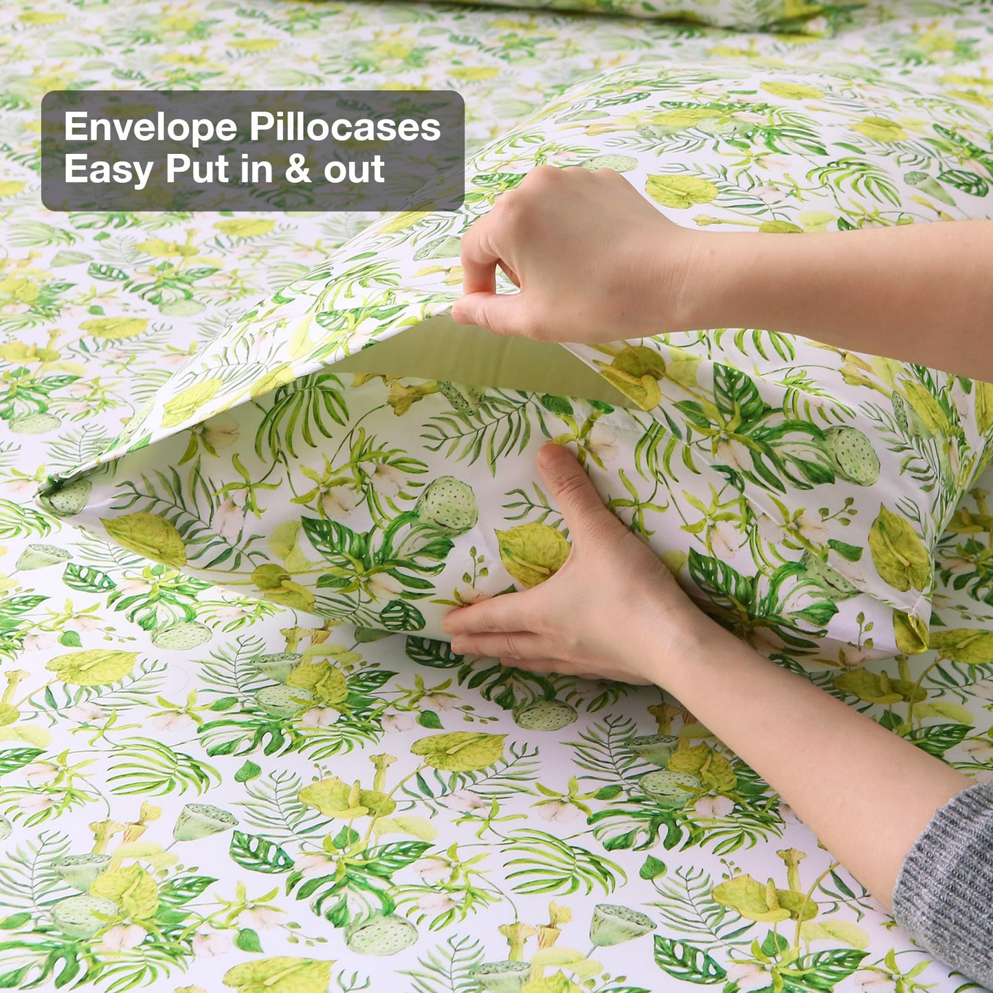 Viviland Floral Twin Sheet Set - 3 Piece Jungle Greenery Botanical Patterned Bed Sheets - Soft, Breathable Microfiber Sheets with Deep Pocket, Non-Slip Fitted Sheets & Pillowcases