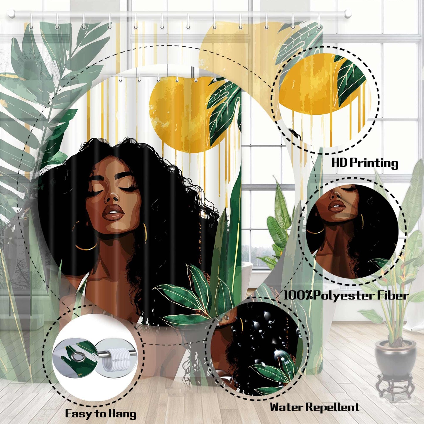 African American Woman Shower Curtain, Sexy Black Girl Lady Bathroom Shower Curtain, Boho Minimalist Art Green Tropical Plant Leaves Modern Bathroom Curtain Set Accessories Decor with Hooks 70X70Inch