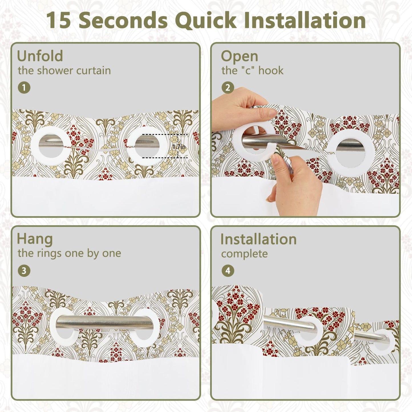 No Hook Vintage Boho Floral Shower Curtain with Liner, Modern Aesthetic Waterproof Machine Washable Fabric Shower Curtain, Red Flower Botanical Bathroom Curtains with Top Sheer Window, 71x74 Inch