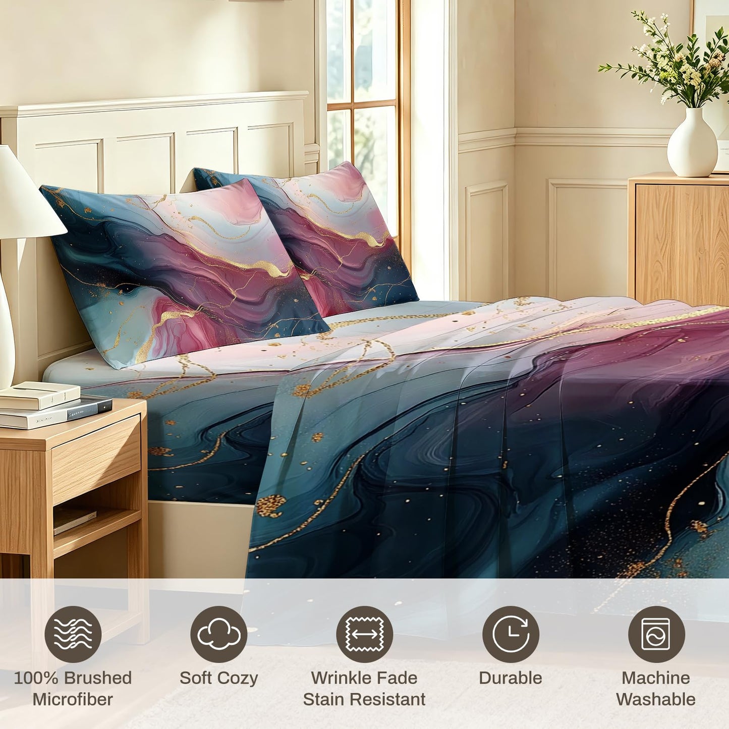 Marble Full Bedding Set Modern Abstract Sheet Sets, Purple Blue Gold