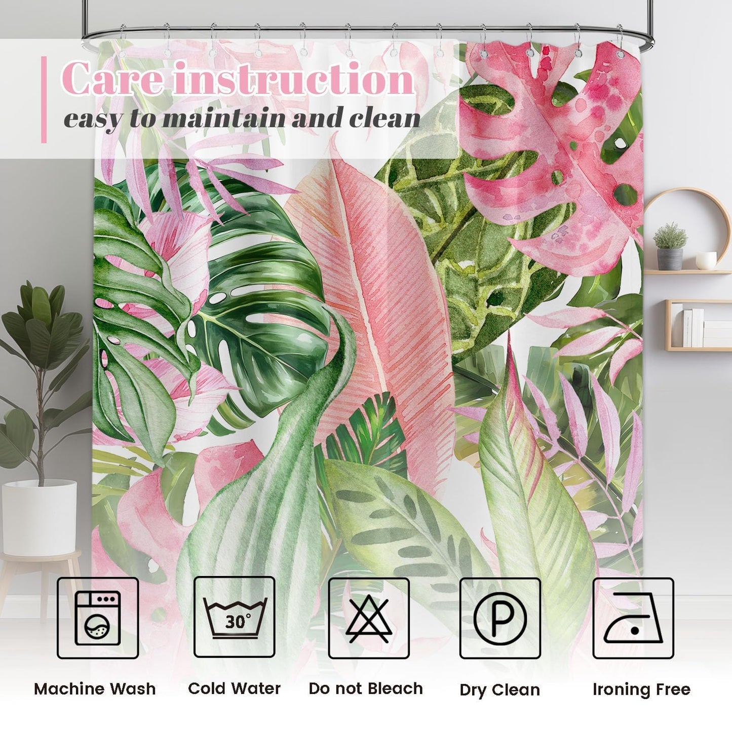 Pdvbiee Pink and Green Tropical Palm Leaf Shower Curtain, 70 X 72 Inch