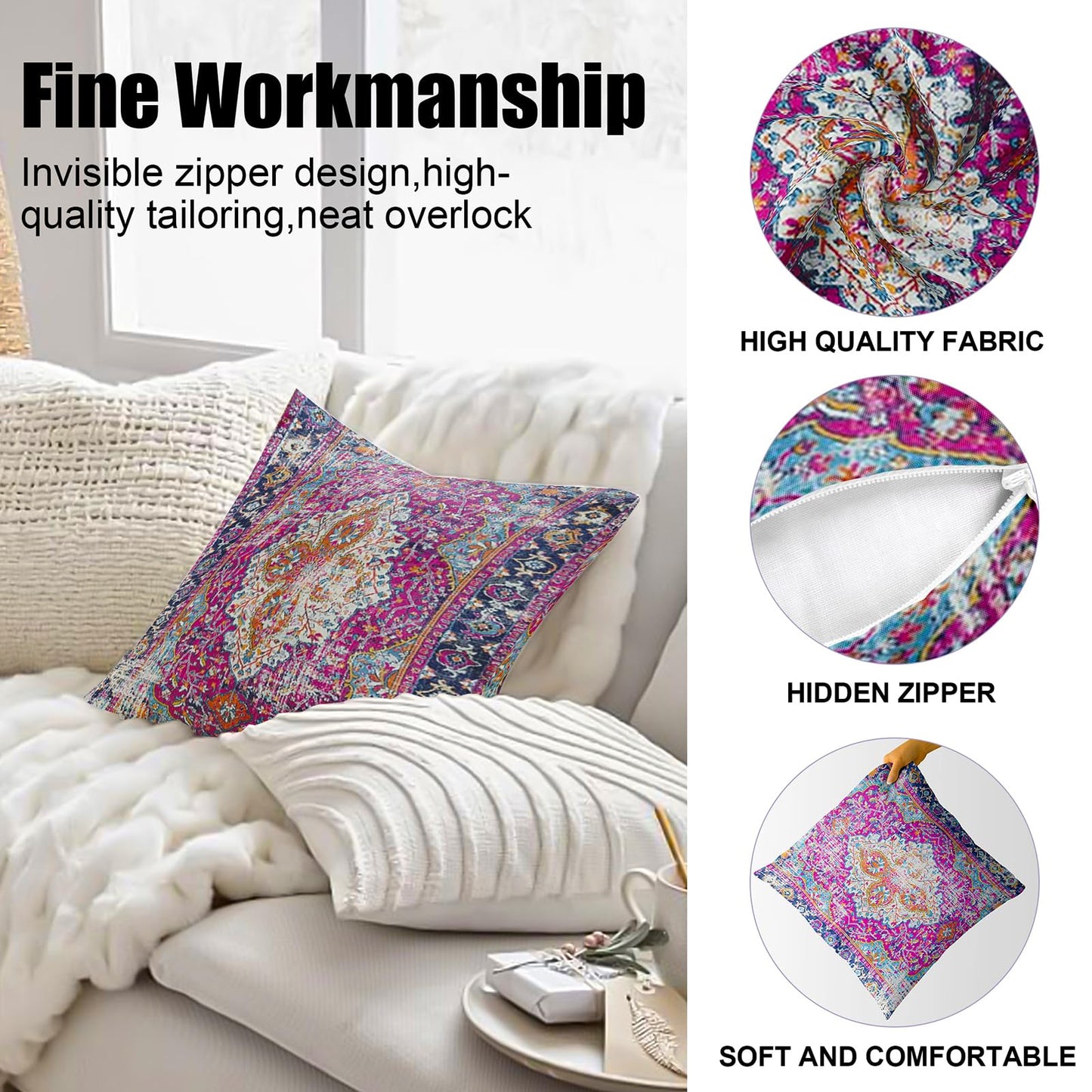 ZSYTZL Boho Throw Pillow Covers 18x18 inch Set of 2,Soft Pillowcases Bohemia Carpet Printing Pattern Decorative Sofa Living Room Bed Square Pillow Case Cushion Cover-Purple