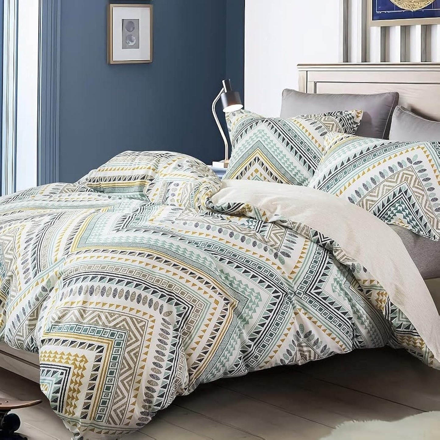 SLEEPBELLA Comforter King Size, 600 Thread Count Cotton Yellow & Dark Blue Bohemian Pattern Printed on White Reversible Comforter Sets,Down Alternative Bedding Set 3Pcs (King, Teal Geometric)