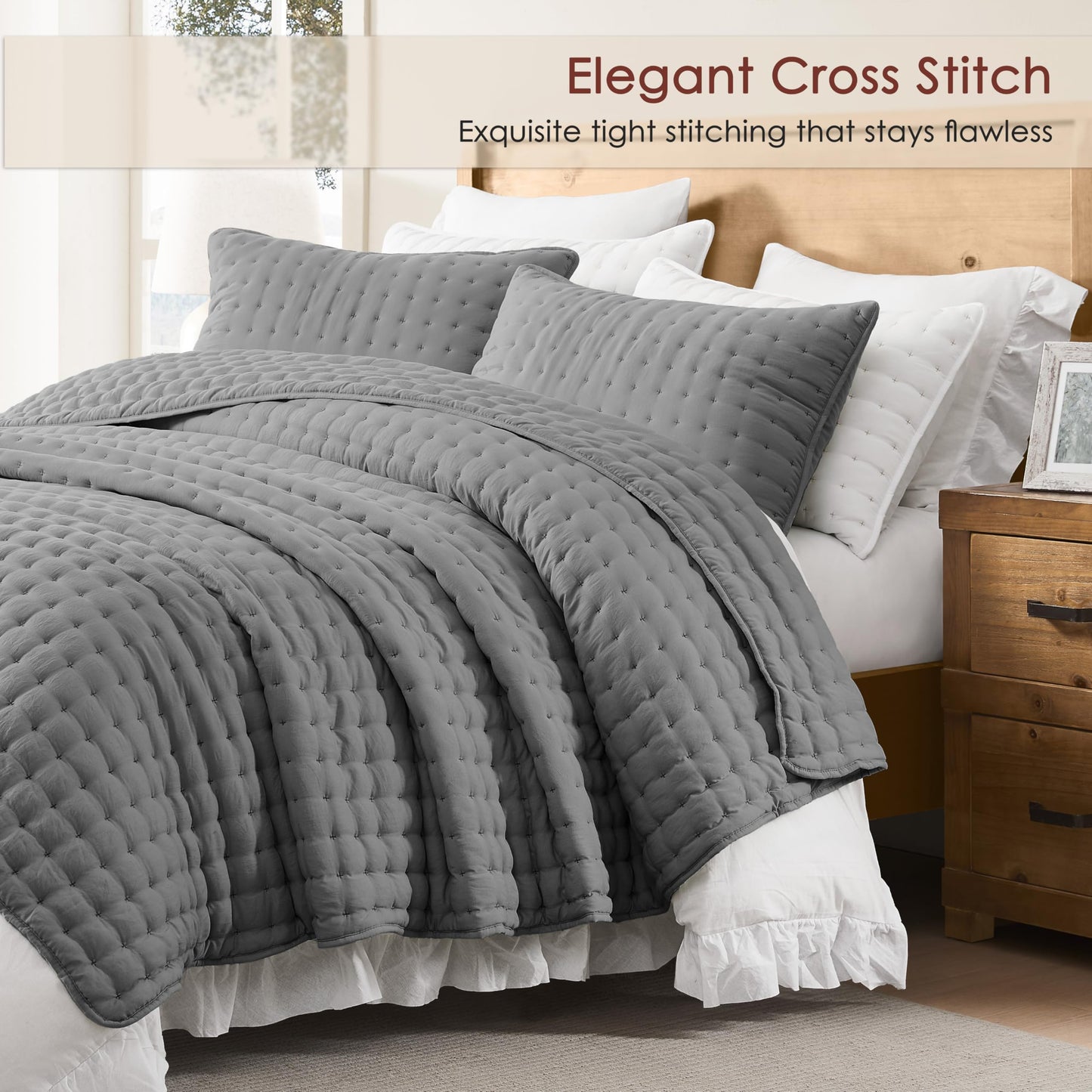 WDCOZY Dark Grey Queen Size Quilt Bedding Sets with Pillow Shams, Deep Lightweight Bedspread Coverlet, Quilted Blanket Thin Comforter Bed Cover, All Season Summer Spring, 3 Pieces, 90x90 inches
