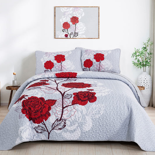 Anibedding Floral Quilt Set King Size,Elegant Red Floral Printed Bedspread Coverlet 3 Pieces Soft Microfiber Bedding Set with 2 Pillowcases for All Season(104"×90")