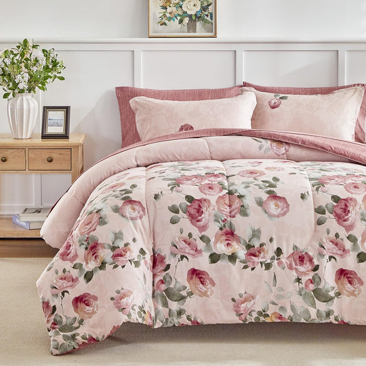 AIKASY Pink Queen Comforter Set with Sheets,Bed in a Bag 7-Pieces,Palm Tree Totem Printing Design,Ultra Soft Down Alternative All Season Bedding Set(Queen, Pink)