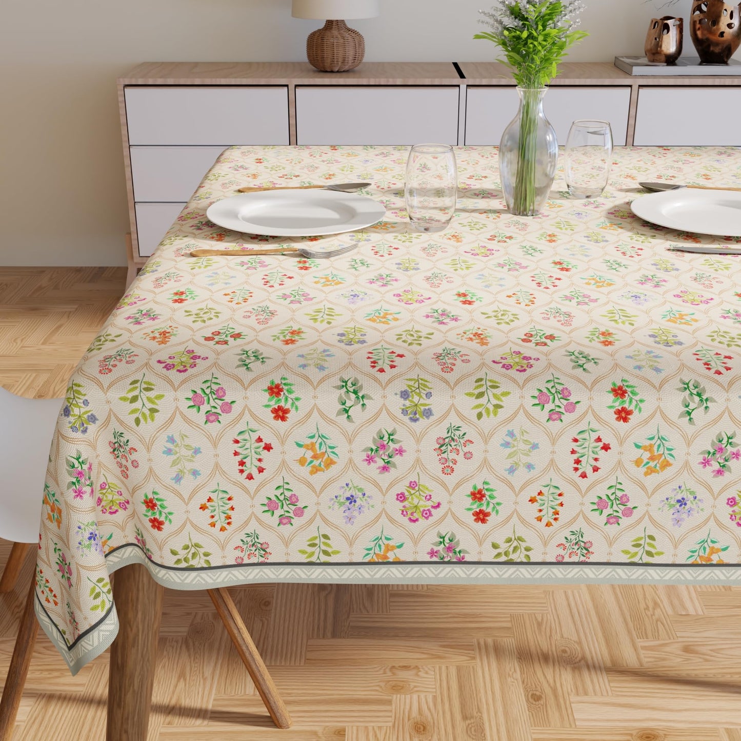 Encasa XO Floral Table Cloth 56"x56" for Square Table Water Repellent Polyester Indoor Outdoor Tablecloth Machine Washable Spring Summer Table Cover Farmhouse Style for Dining French Beige