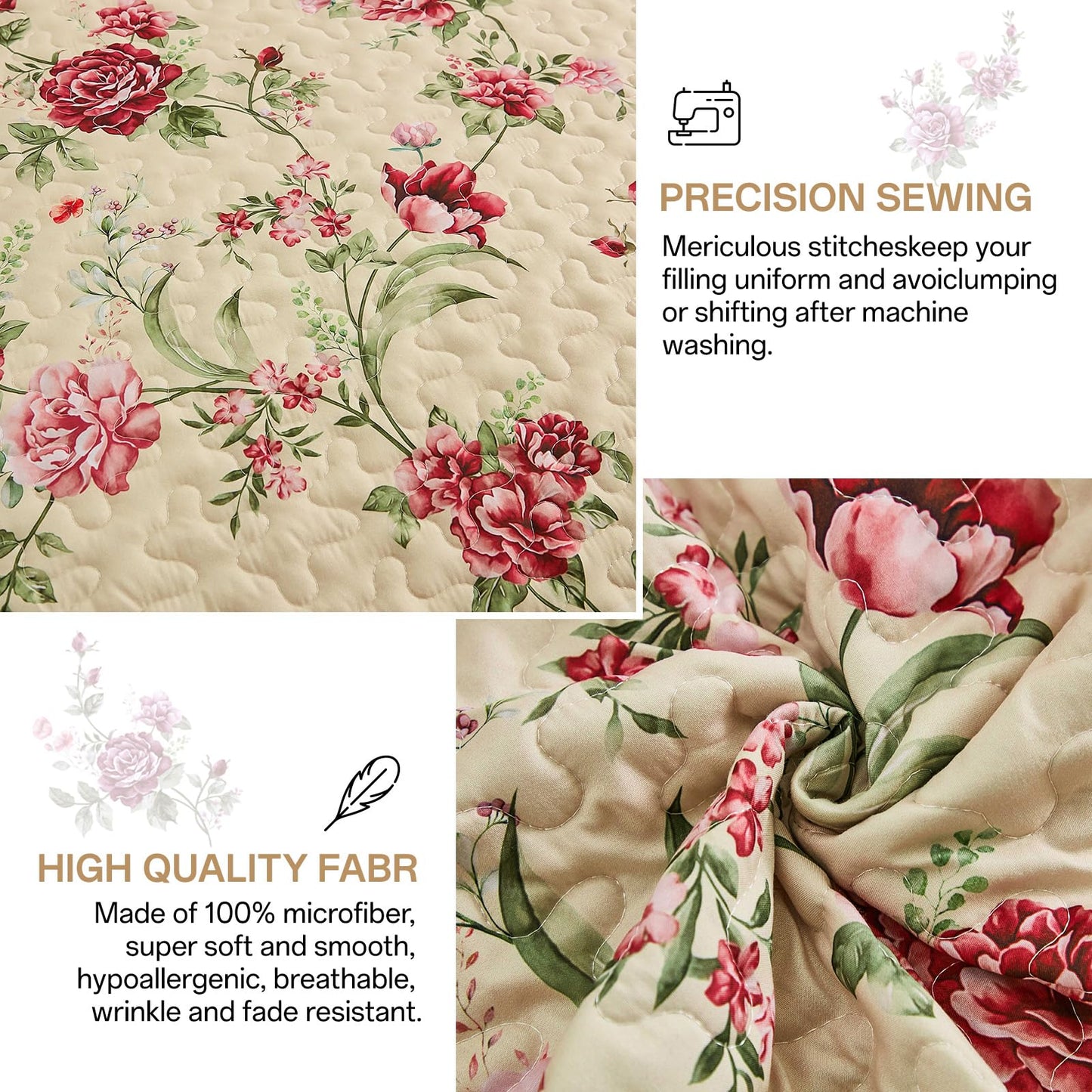 Xruibed Beige Quilt Set Queen Size, 3PCs Antique Rose Beige Bedspread Coverlet Set, Lightweight Soft Microfiber Floral Quilt Set with 2 Pillowcases for All Season (Queen Size 96"x90")