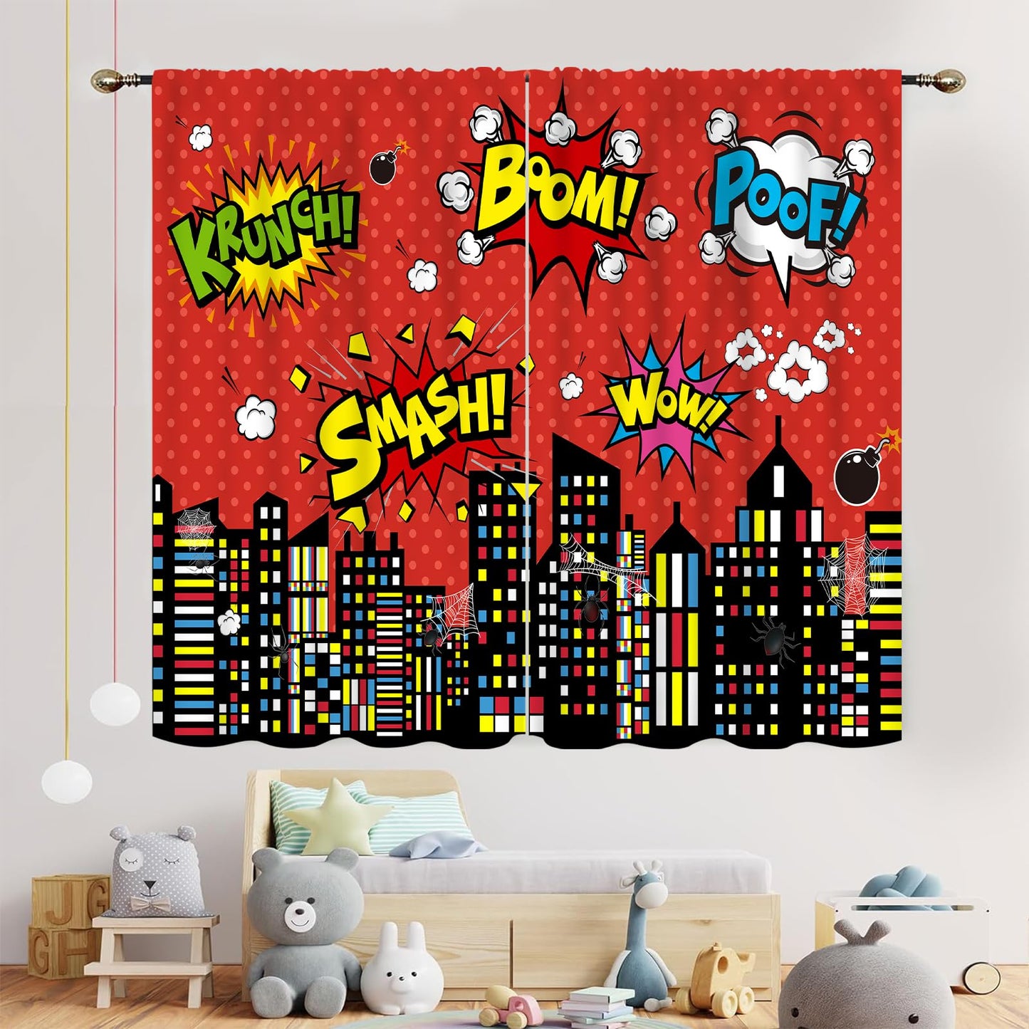 Superhero City Curtains for Boys Kids Teens, Red Spider Web Cityscape Buildings Cartoon Comic Blackout Window Curtains for Baby Room Bedroom Living Nursery 2 Panel Sets, 42"x45" Inch