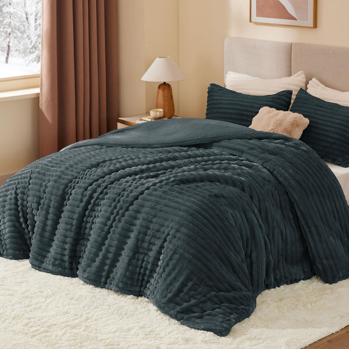 BEDELITE Fleece Queen Comforter Set -Super Soft & Warm Fluffy Dark Grey Bedding, Luxury Fuzzy Heavy Bed Set for All Season with 2 Pillow Cases