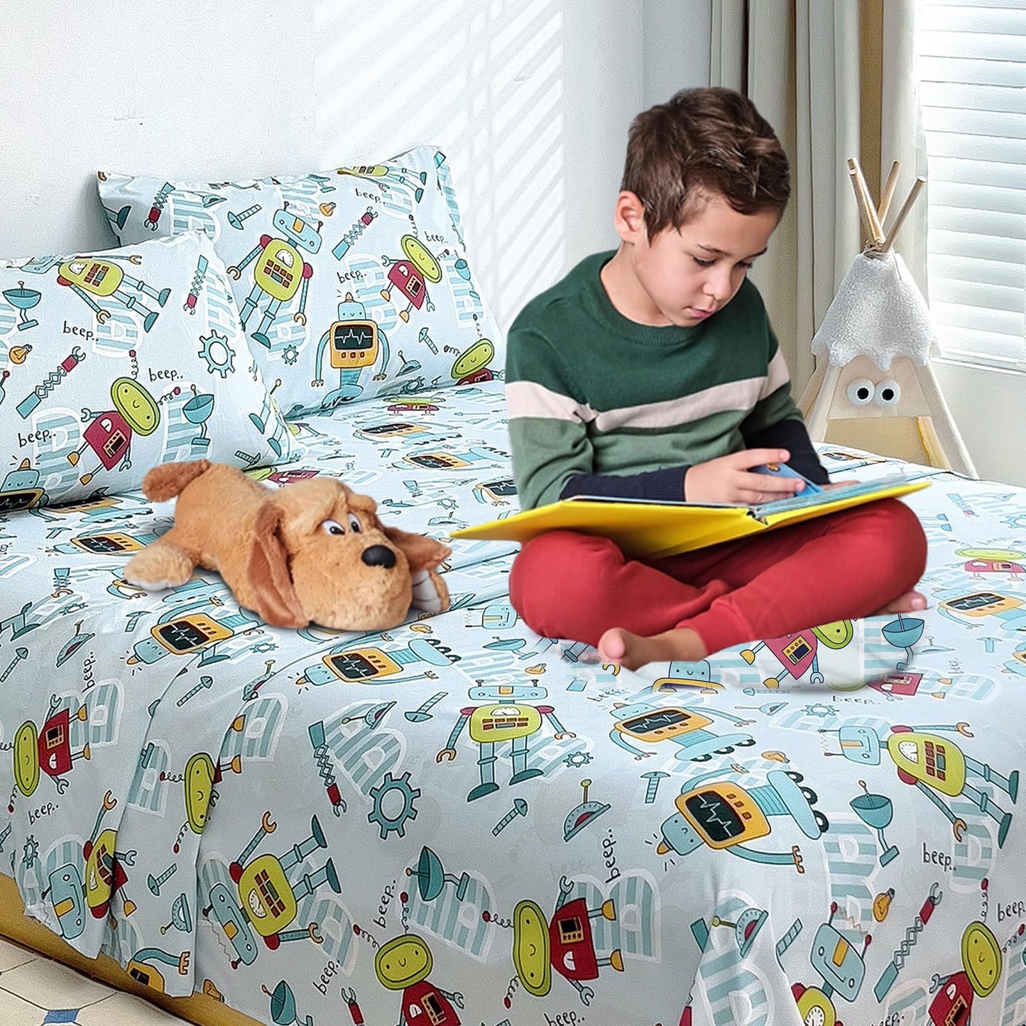 Homilay Full Sheet Set Kids - Old-Fashioned Robot 4 Pieces Soft Microfiber Cartoon Style Bedsheets for Boys Girls Teens, Oeko TEX Breathable 15 Inch Deep Pocket Sheets(Robot)