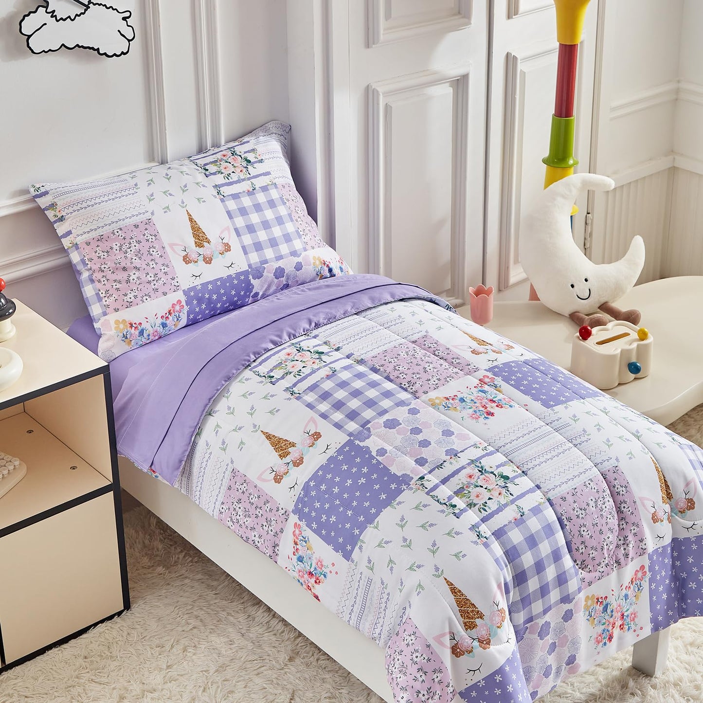 Joyreap 4 Piece Toddler Bedding Set- Purple Butterflies Flowers Patchwork Toddler Comforter Set, Includes Quilted Comforter, Fitted Sheet, Top Sheet, and Pillow Case