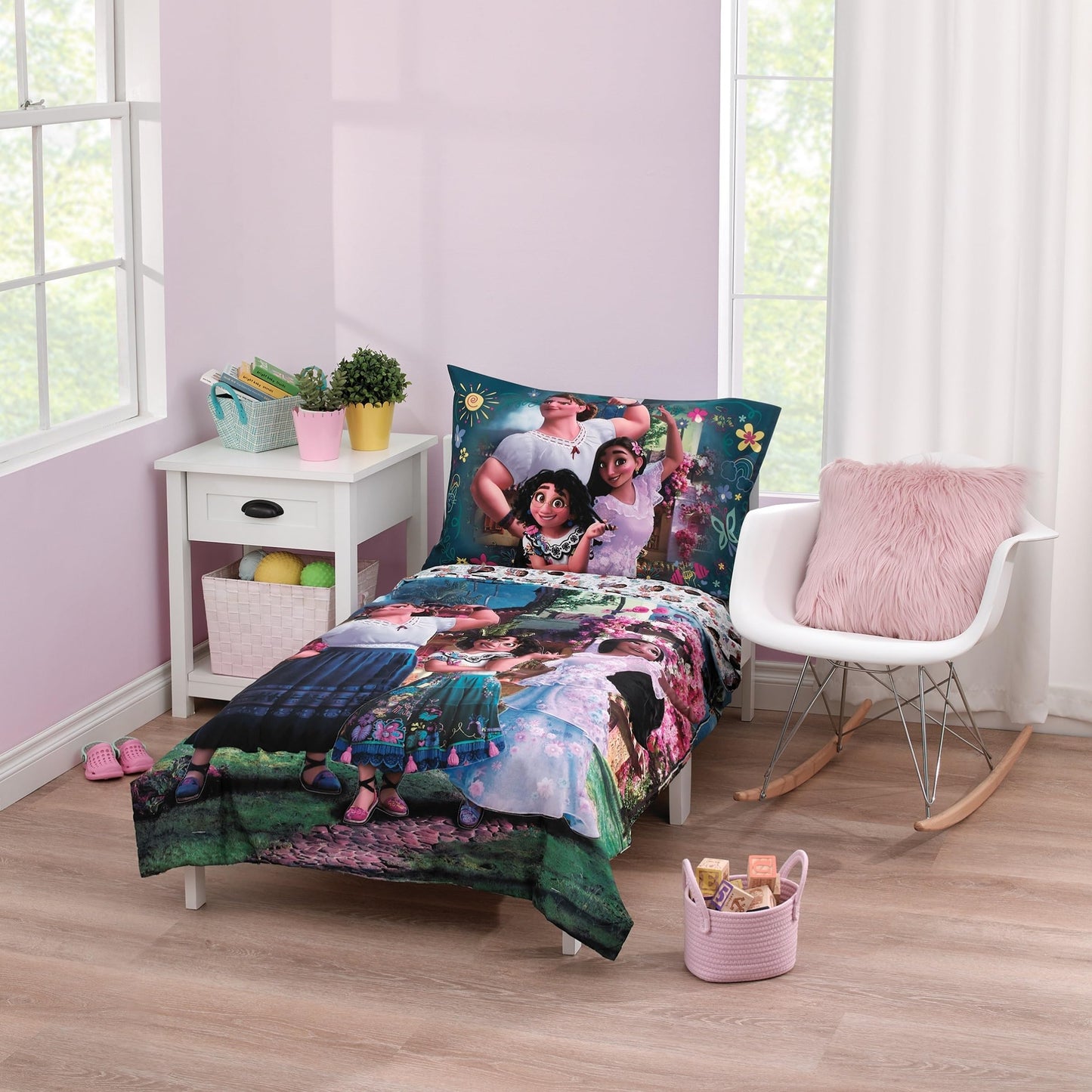 NoJo Disney Encanto Power Trio Purple and Teal 4 Piece Toddler Bed Set - Comforter, Fitted Bottom Sheet, Flat Top Sheet, and Reversible Pillowcase
