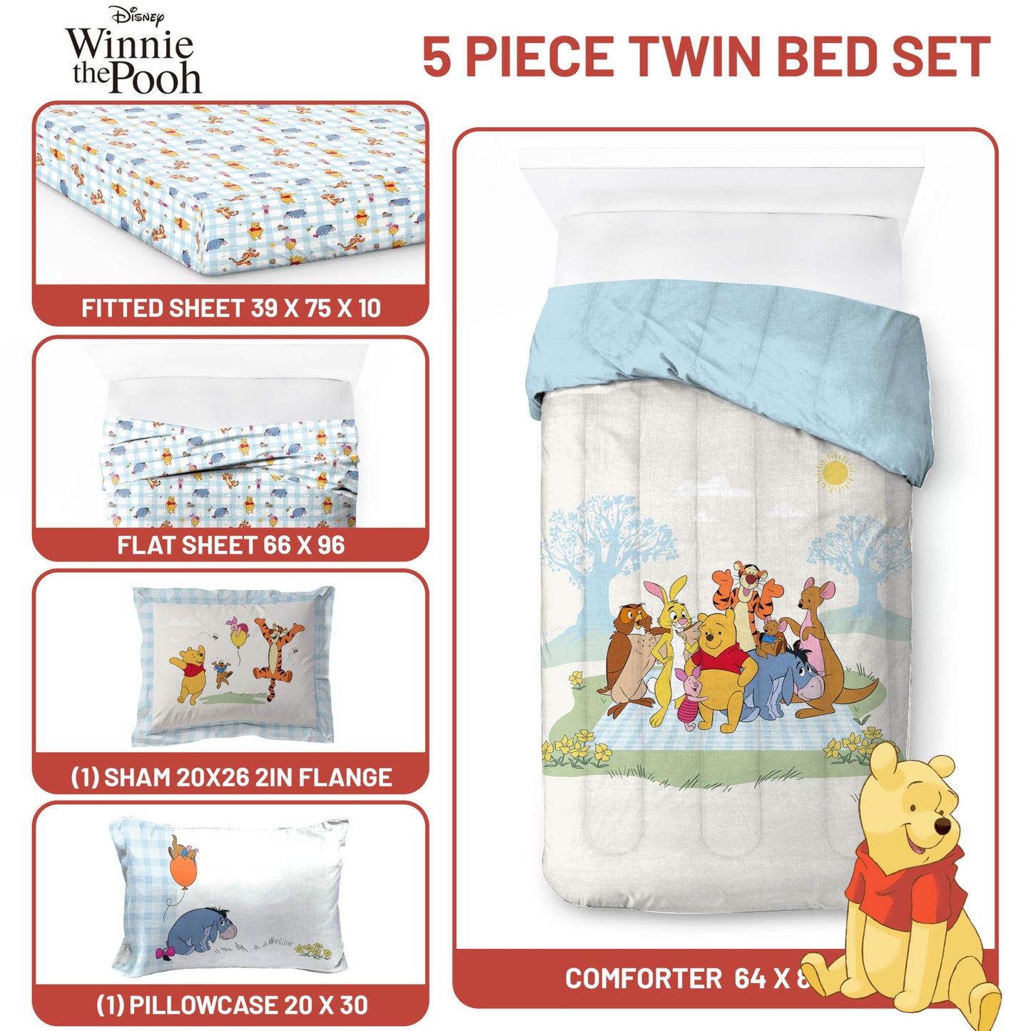 Jay Franco Kids Comforter Set Includes Sheets and Pillow Covers - Soft and Cozy Bed Set for Stylish Room Decor, Official Licensed Bedding, White - Winnie The Pooh, 5 Piece Twin