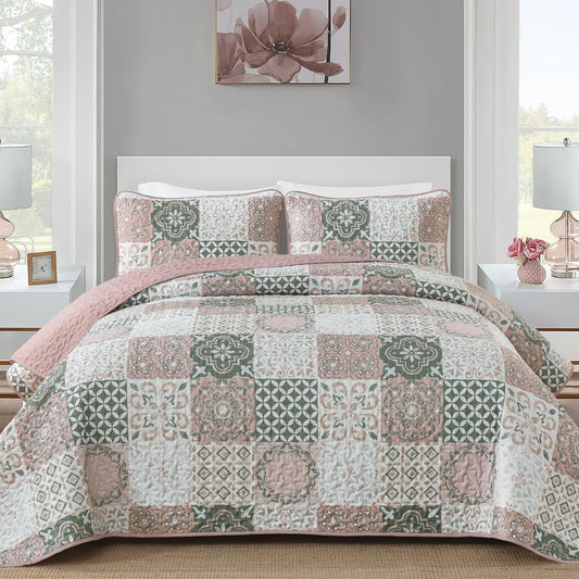 Dobuyly Blush Quilt Set Queen Size, Boho Patchwork Plaid Bedspread Coverlet Set, 3 Pieces Soft Microfiber Farmhouse Quilt Bedding Set Lightweight Bed Cover for All Seasons 96"x90"