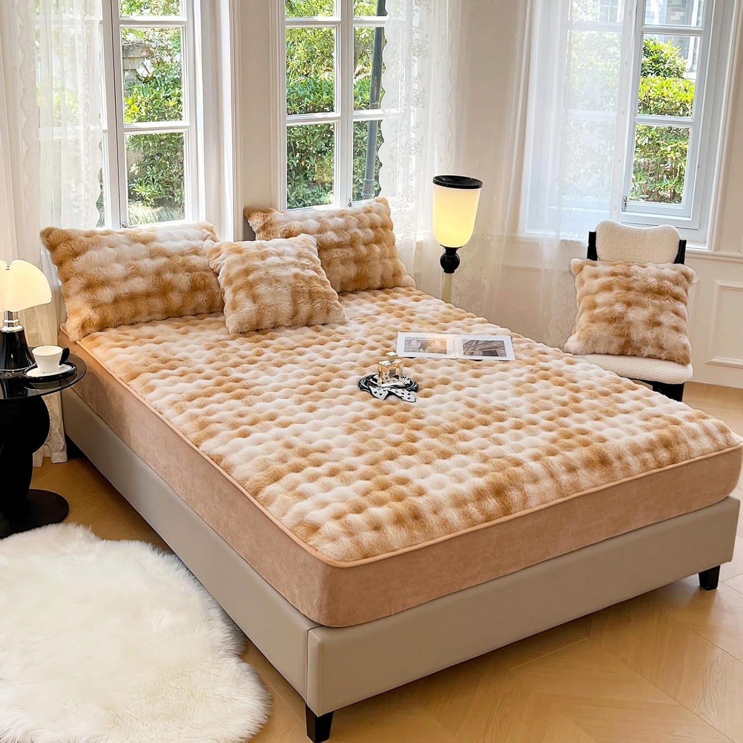 ZIQINPSQ Plush Shaggy Fitted Sheet Full Size-Velvet Fitted Sheet Faux Fur Bottom Sheet with 15" Deep Pocket, Flannel Warm Tie Dyed Mattress Cover,No Pillowcases,Gold