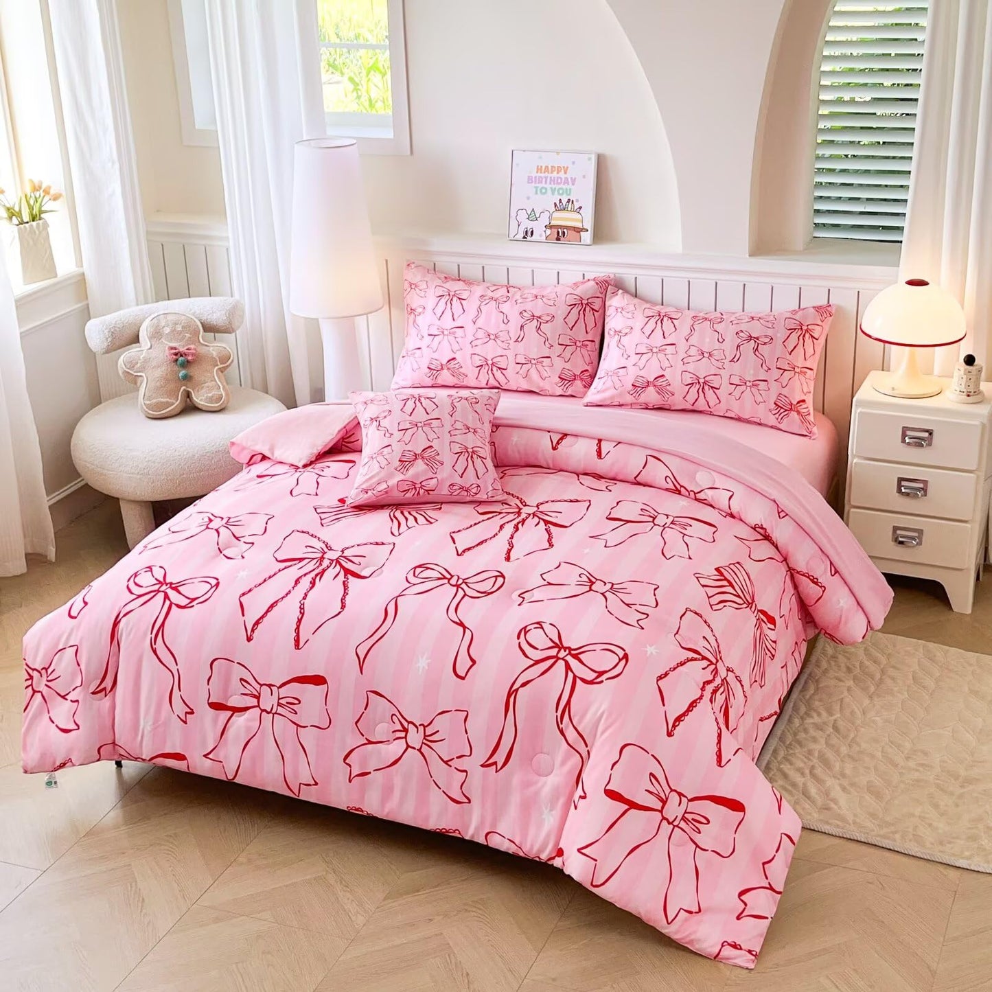 GRAT TIOC 6 Pieces Pink Bow Ribbon Comforter Set for Girls Twin,Girly Bed in A Bag Coquette Bows Bedding Set for Girl Kids (1 Comforter,1 Flat Sheet,1 Fitted Sheet,2 Pillowcases and 1 Cushion Cover)
