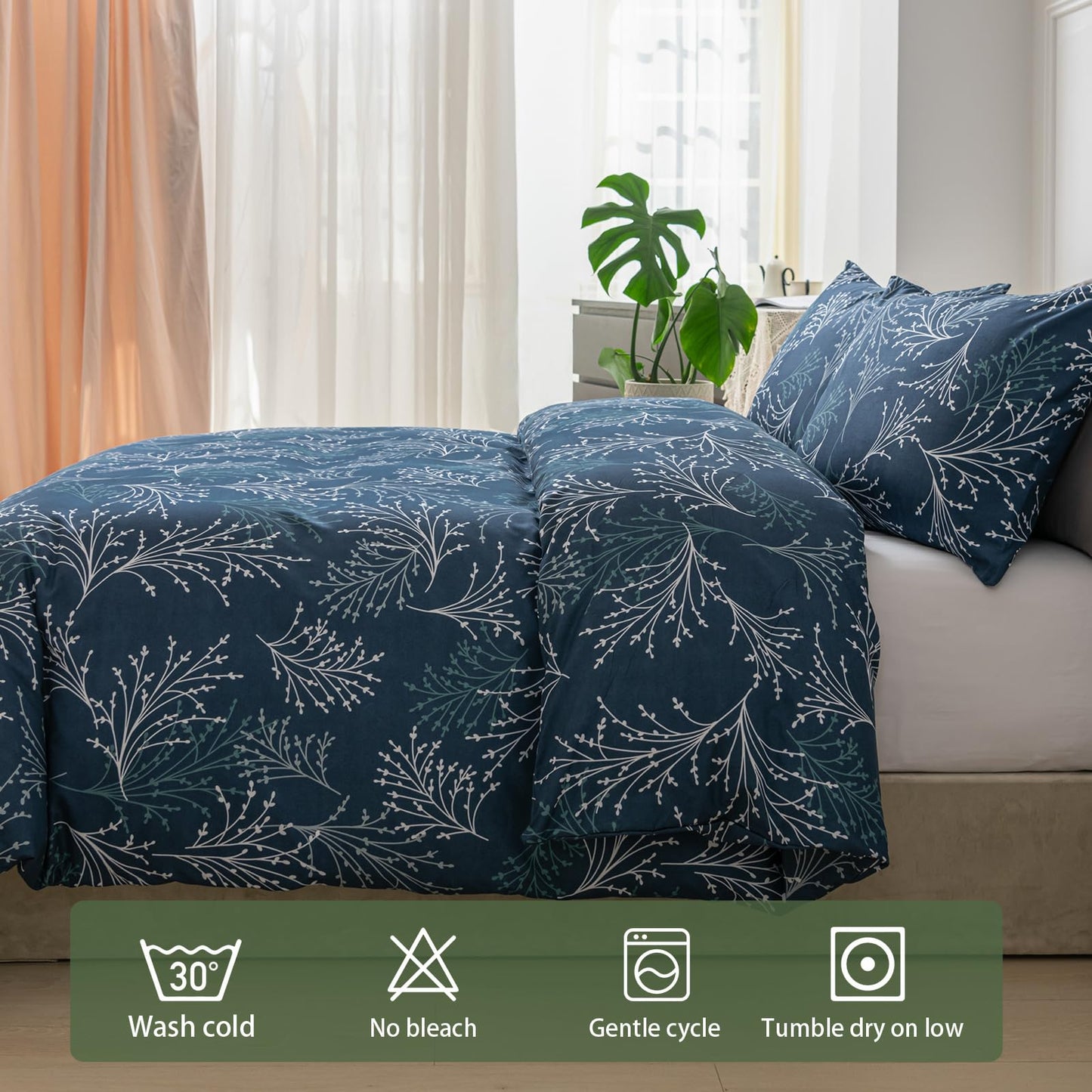 Lekesky Reversible Duvet Cover King Size, Navy Blue White Branch Comforter Cover King 3pcs Microfiber Botanical Bedding Set with Zipper Closure Corner Ties