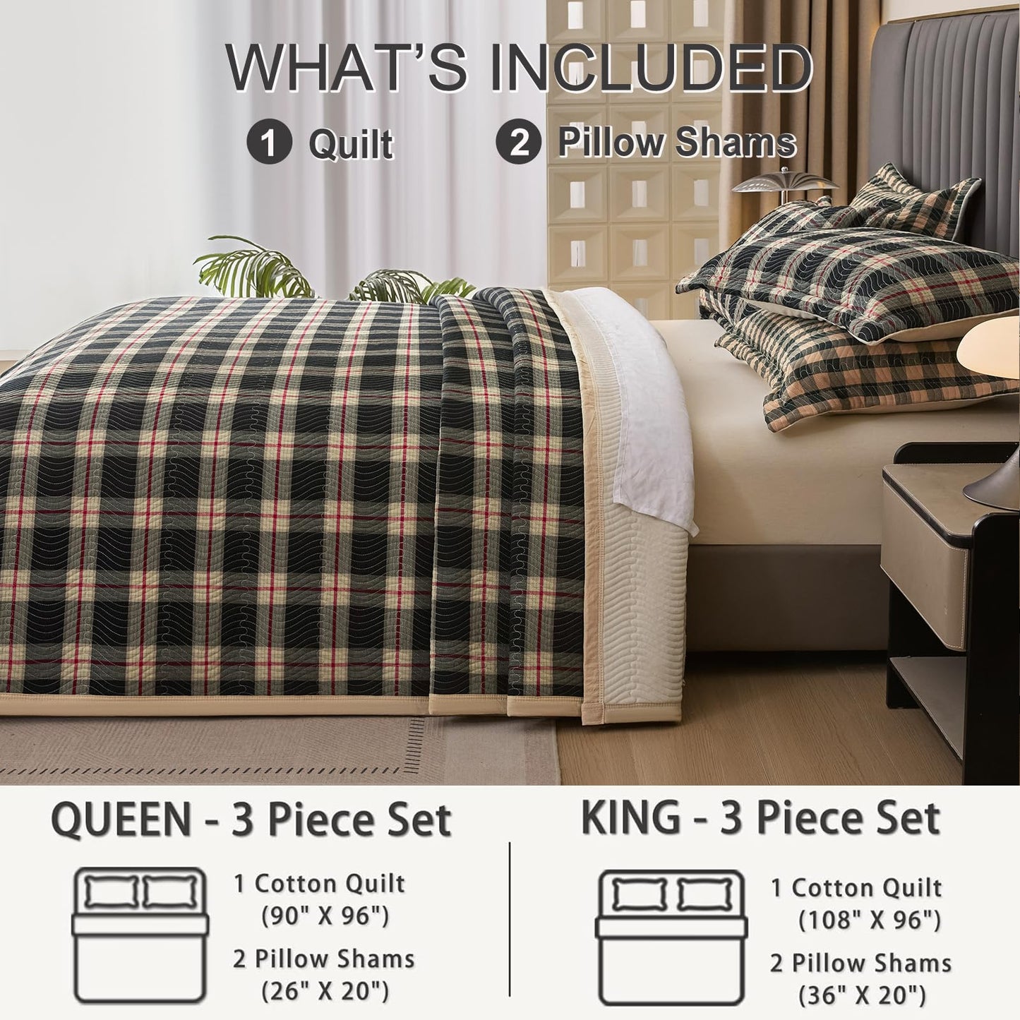 tohrisa Cotton Plaid Quilt Set, Ultra Soft 3 Pieces King Size Bedding with 2 Pillow Shams, Lightweight Reversible Coverlet Bedspread with Wave Quilting for Summer, 108"x96", Grid- Black Red