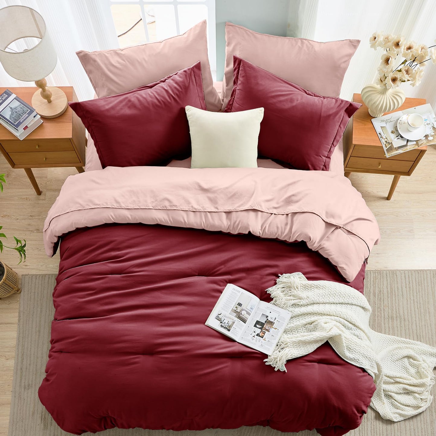 MUXHOMO 7 Pieces King Comforter Set, Soft Bed in a Bag King Size, All Season Bedding Set with Comforter, Flat Sheet, Fitted Sheet, Pillowcases & Shams, Burgundy & Rose Gold