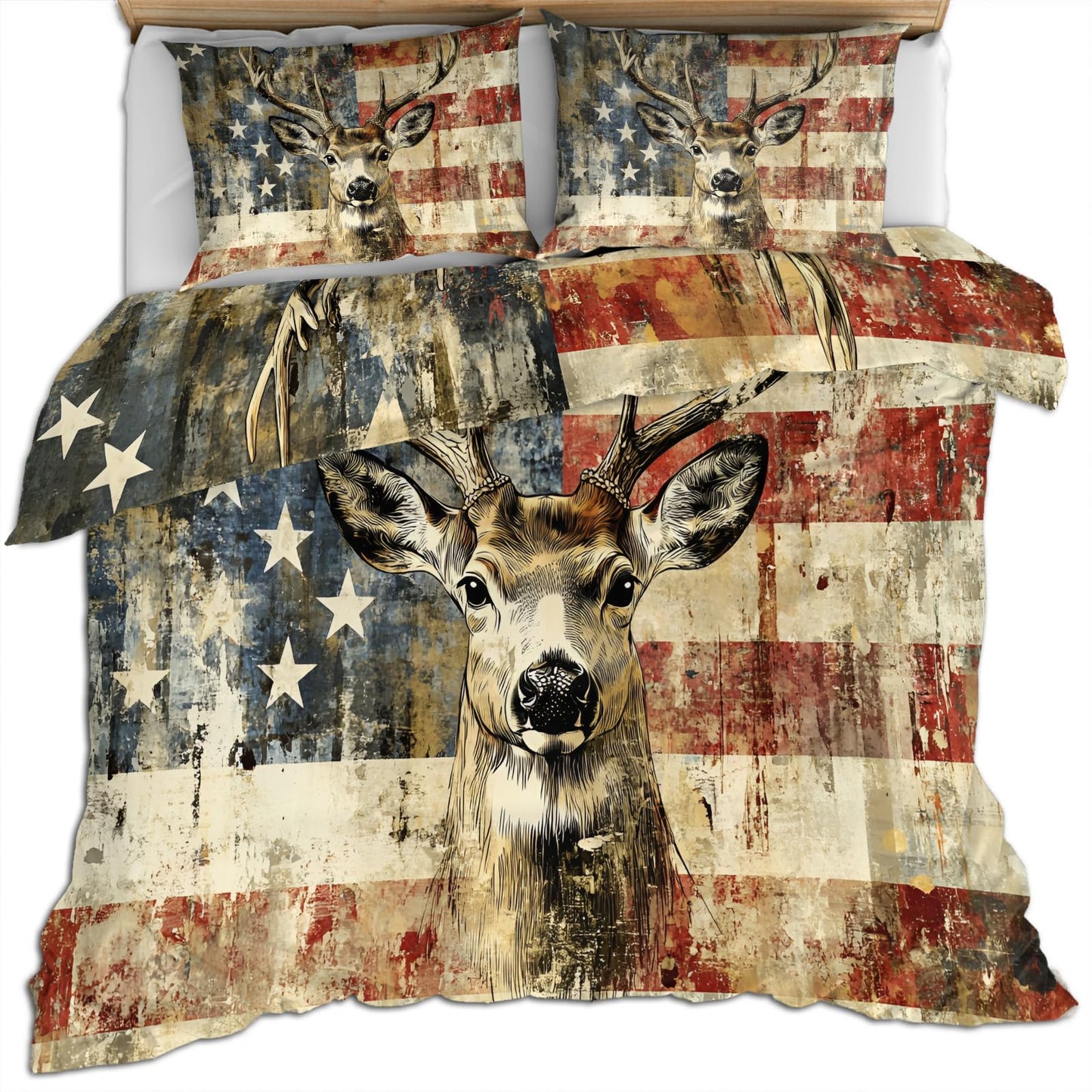 PAISUOQ Elk Duvet Cover Full, American Flag Bedding, Grunge Style Deer Comforter Cover with 2 Pillow Cases, 3 Pieces with Zipper & Ties, Bedroom Decor & Gifts