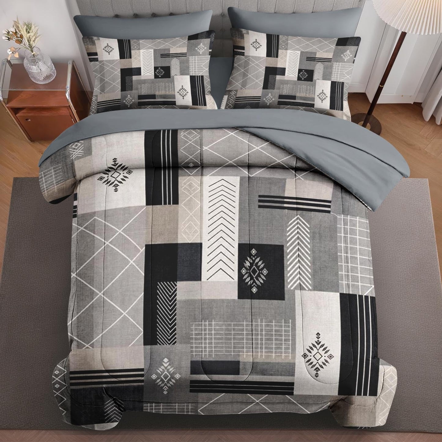 Boewywh Comforter Set Twin Size Geometric Abstract Aztec 7 Pcs, Bedding for Kids and Adults, Grey Modern Bed Sheet Sets with Fitted Sheet 2 Pillowcases & 2 Shams for Bedroom Bed Decor