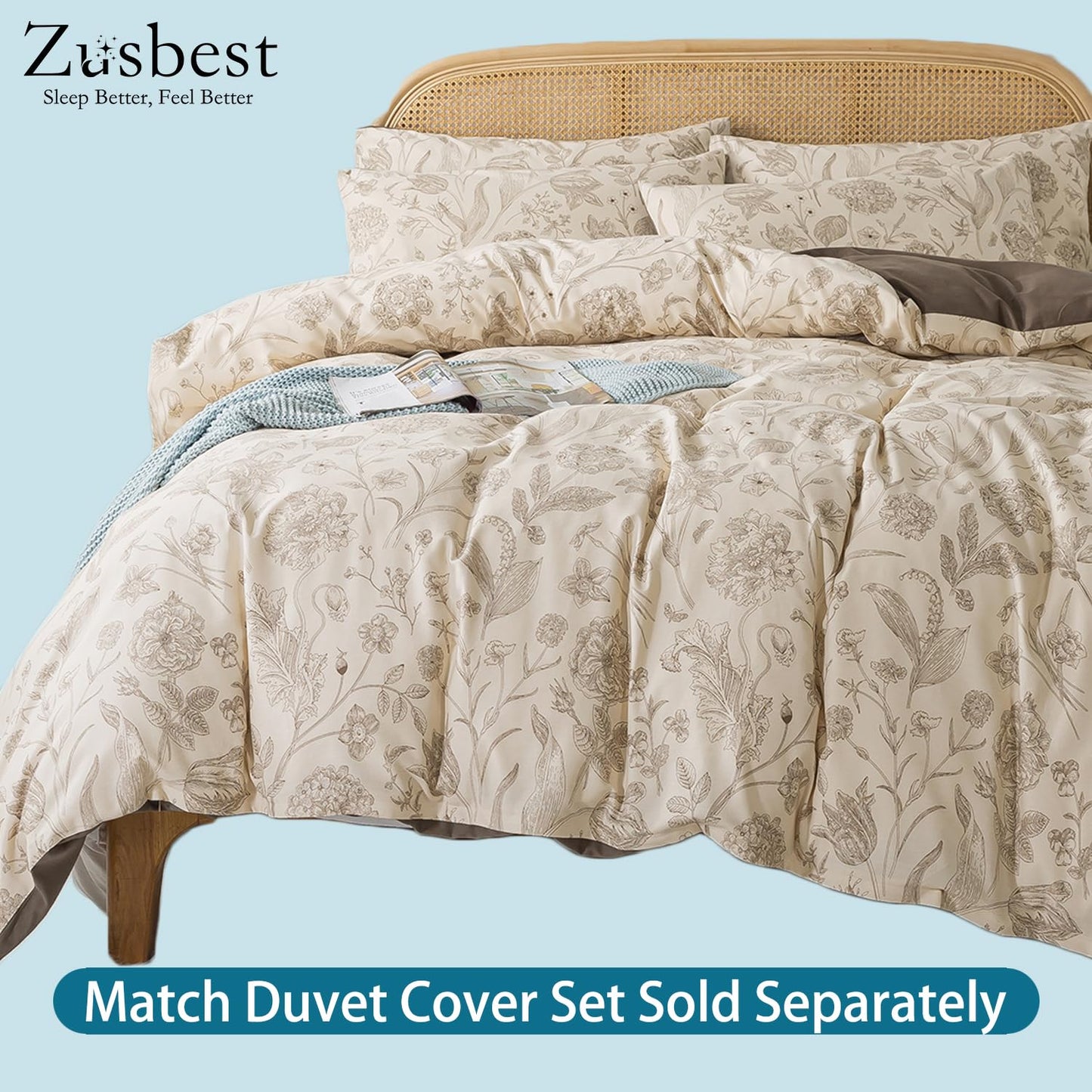Zusbest Queen Sheet Set 100% Percale Cotton Beige Floral Bed Sheet Set, Brushed for Extra Softness, Breathable Luxury Toile Flannel Sheets Like Khaki Flower Print Deep Pocket Sheets 17.5'' 4 Pcs