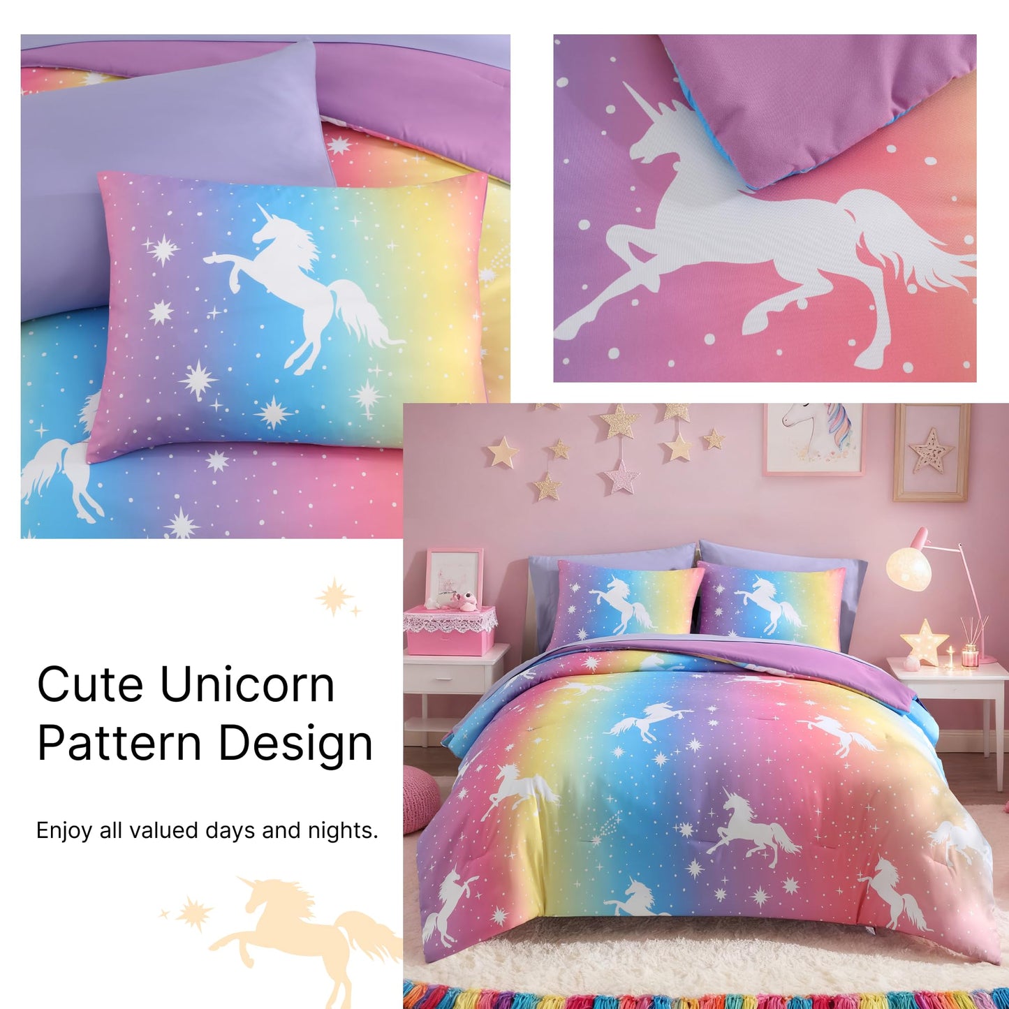 Kaleido Space Twin Comforter Set for Girls, Kids - 5 Pieces Rainbow Unicorn Patterns Twin Bedding Sets for Girls Teen, Soft Cozy Bed in A Bag with Sheets