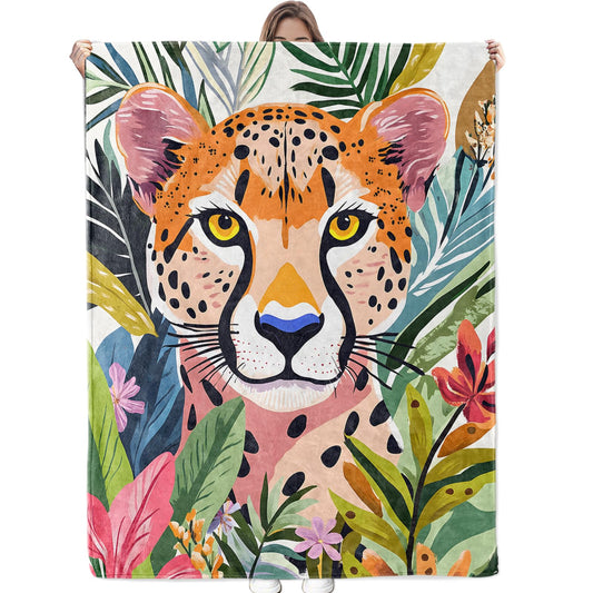 Bidesk Tropical Cheetah Blanket Soft Cozy Flannel Throw Blanket, Warm Yet Lightweight Colorful Jungle Cheetahs Blankets for Travel, Couch, Bed, for Adults Women Men, Fuzzy Outdoor Comfort Wrap 60"×50"