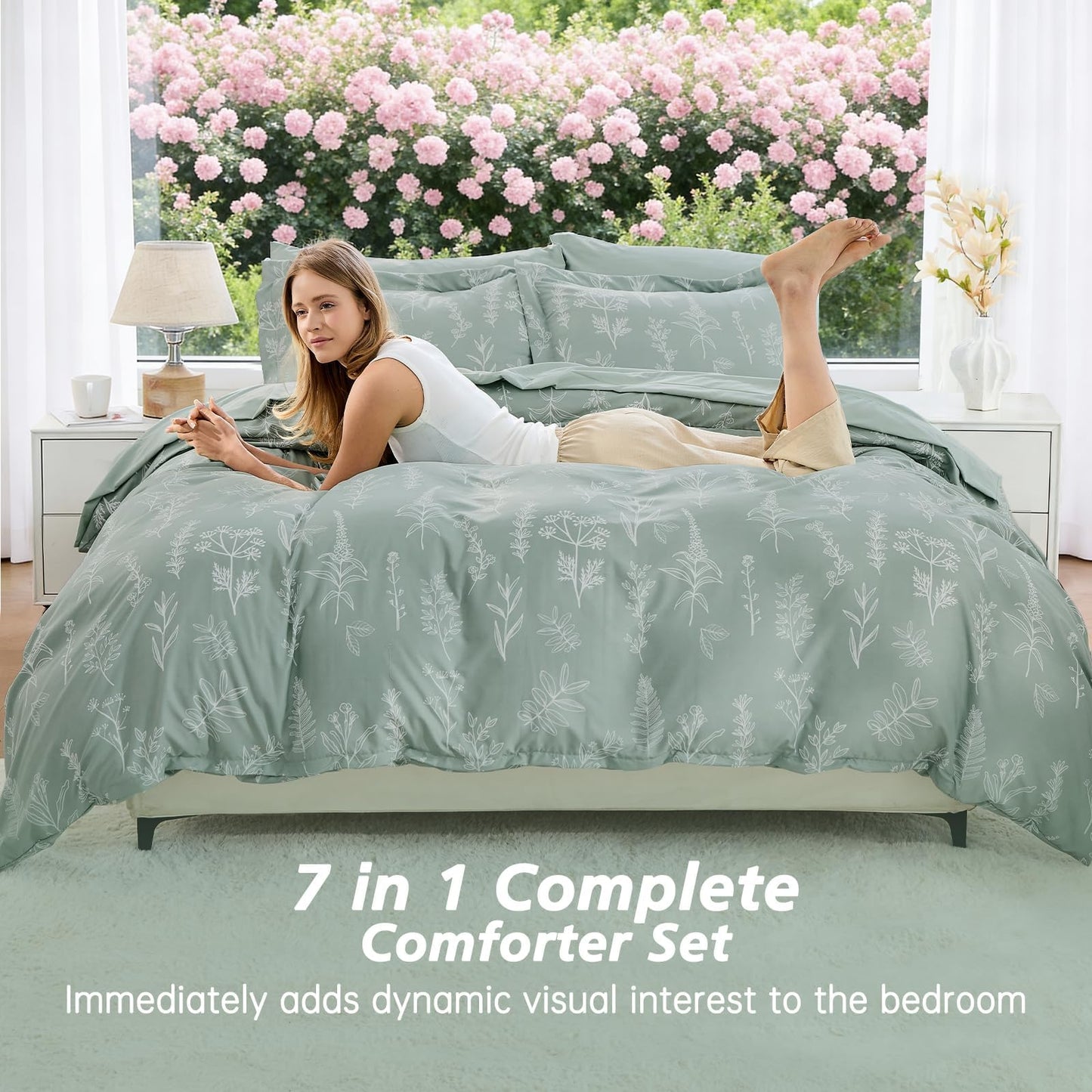 MUXHOMO King Comforter Set 7 Pieces, Sage Green Elegant Floral Print Bed in a Bag King, Ultra Soft & Breathable Reversible Botanical Pattern Bedding Set with Comforter, Sheets, Pillowcases, and Shams