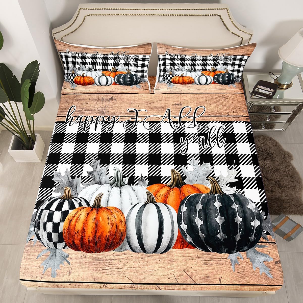 Fall Pumpkins Bed Sheets Queen Rustic Farmhouse Thanksgiving Theme Beddig Set Black White Buffalo Plaid Fitted Sheet Happy Autumn Fall Sheet Set Wooden Board Flat Sheet 2 Pillow Cases Home Room Decor