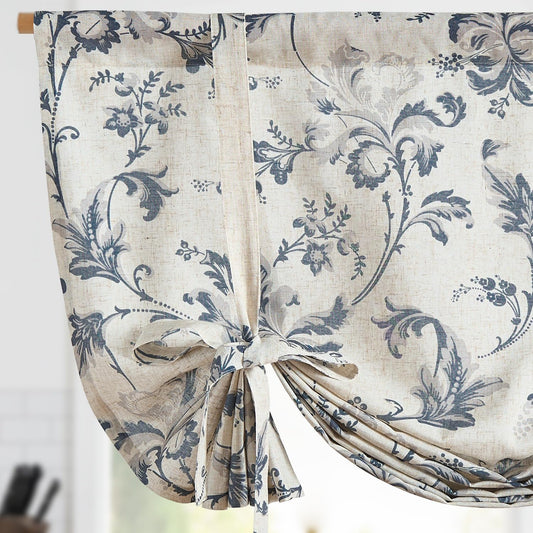 jinchan Tie Up Valance Curtain Floral Linen for Windows Farmhouse 45 Inch Damask Printed Short Window Treatment Adjustable Length for Kitchen Living Room Light Filtering 1 Panel Blue on Linen