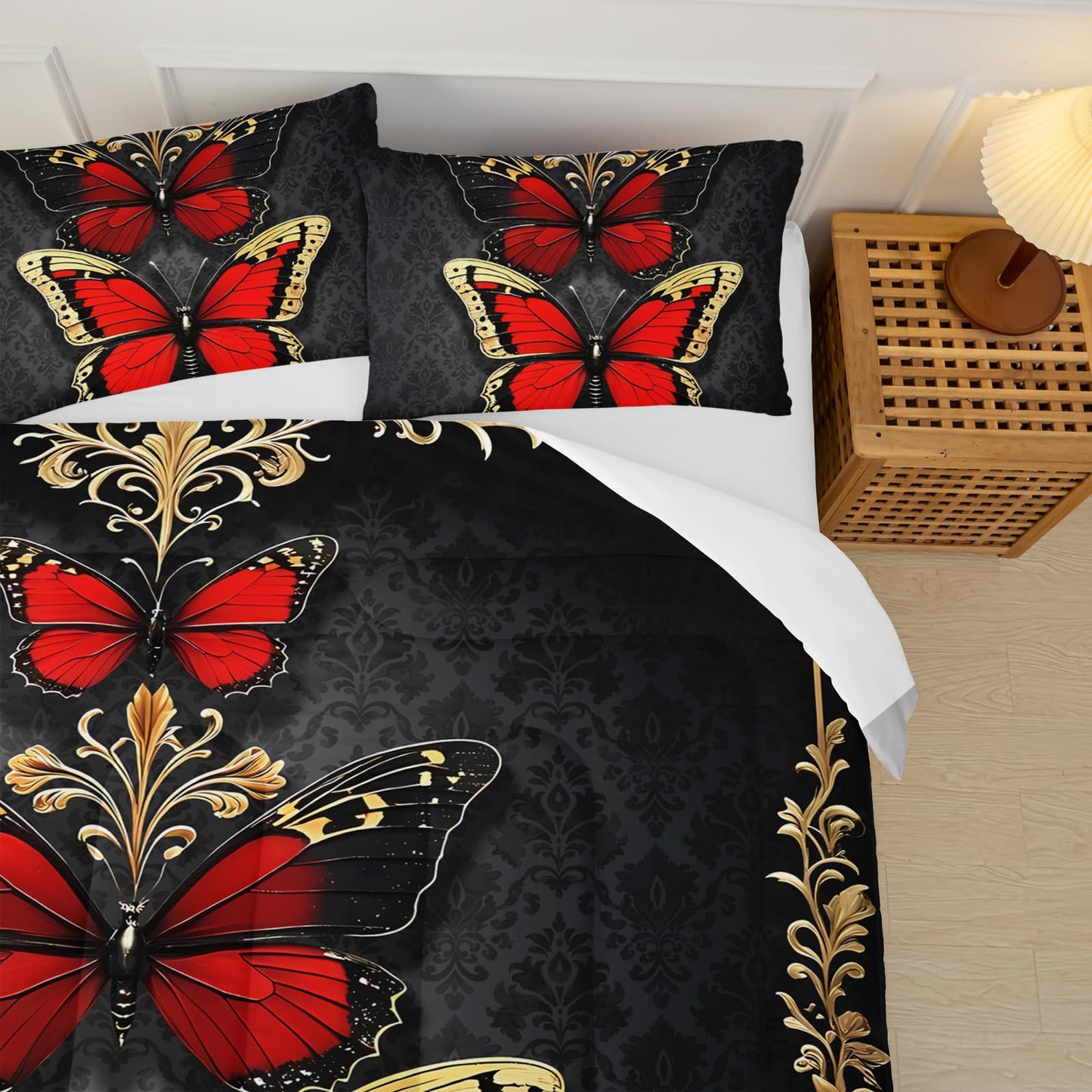 lneffble Red and Gold Butterfly Comforter Sets Full Size Bed Set，Gothic Full Size Bedding Set，with 1 Comforter with 2 Pillow Case，Butterfly Themed Bedroom Decor