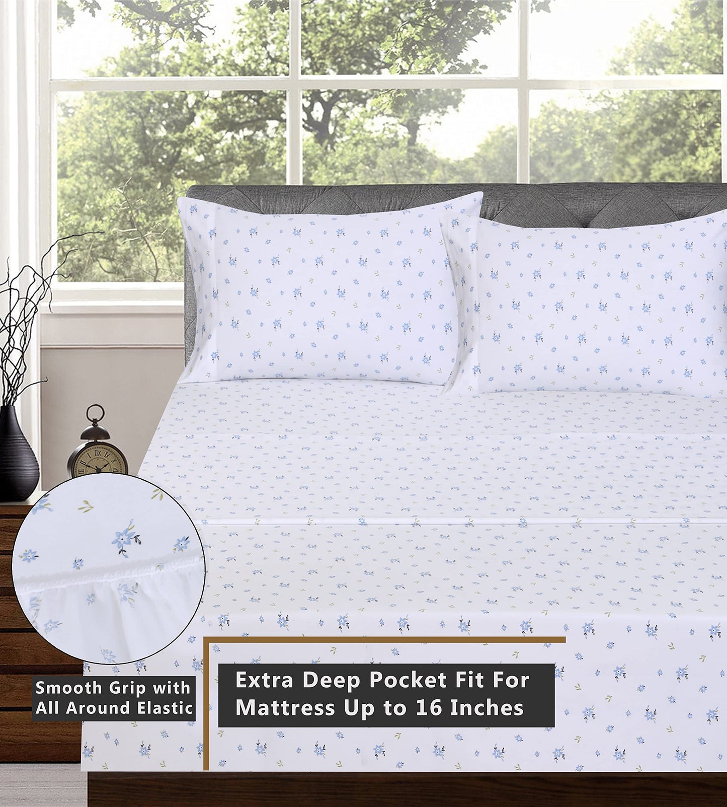 RUVANTI 100% Cotton Percale Sheets Queen Size – Crisp Cooling Bed Sheets for Hot Sleepers, Deep Pocket 16”, Soft Breathable & Durable Hotel-Style 4 Piece Set, Phulkari