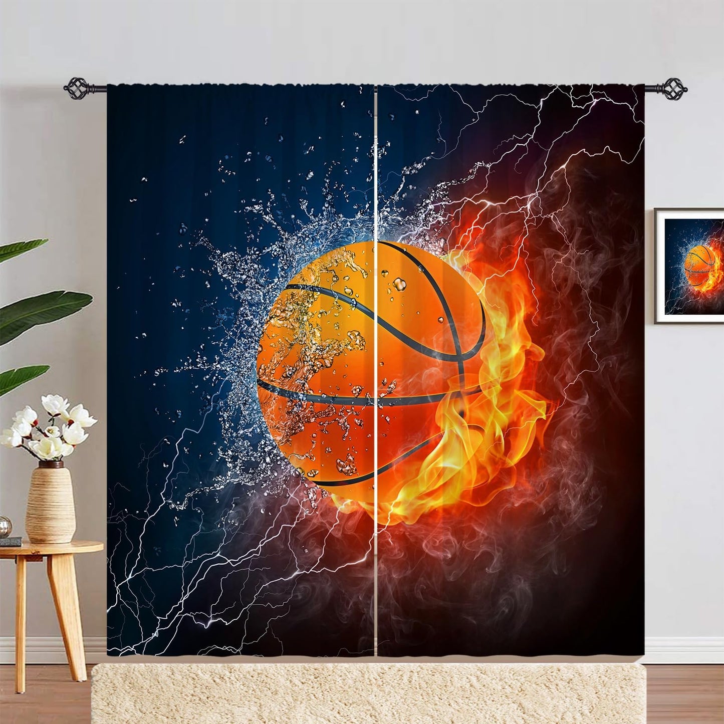 YUANZU Kids Basketball Curtains W42 x L63 Inch Rod Pocket Sports Fire Ball Water Flame Thunder Lightning Print Pattern Privacy Fabric Window Drapes for Boys Bedroom Nursery Baby Playroom 2 Panels