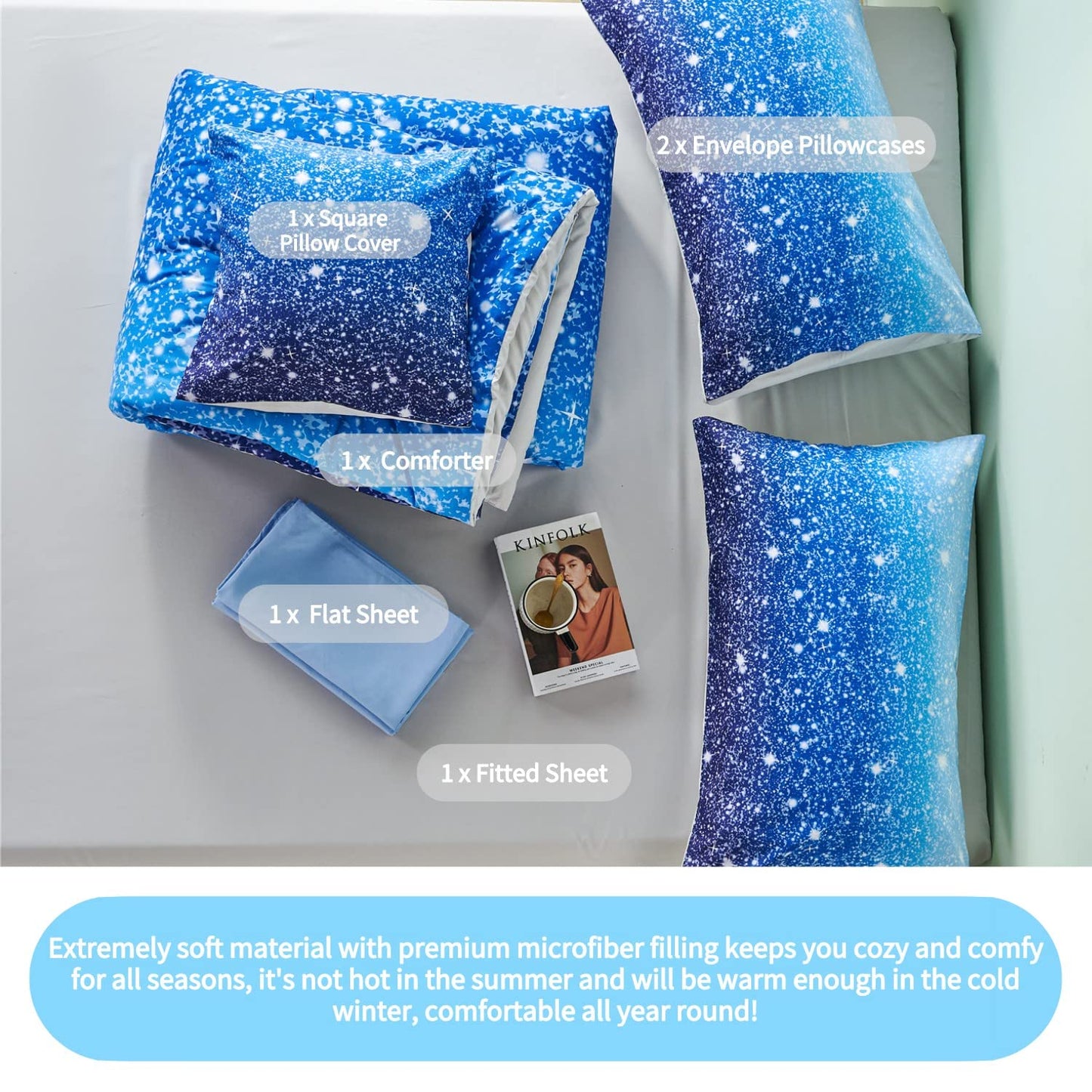 RYNGHIPY 6Pcs Gradient Aqua Blue Navy Ombre Comforter Sets with Sheets Pillowcases, Twin Size Sparkle Glitter Design Comforter Bedding Collections for Kids Boys and Girls