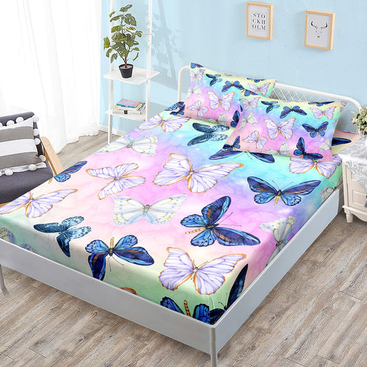 HOSIMA Butterfly Fitted Sheet Set for Girls & Boys, Rainbow Watercolor Tie Dye Coquette Bedding, Blue & Purple Butterfly Queen Size with 2 Pillowcases
