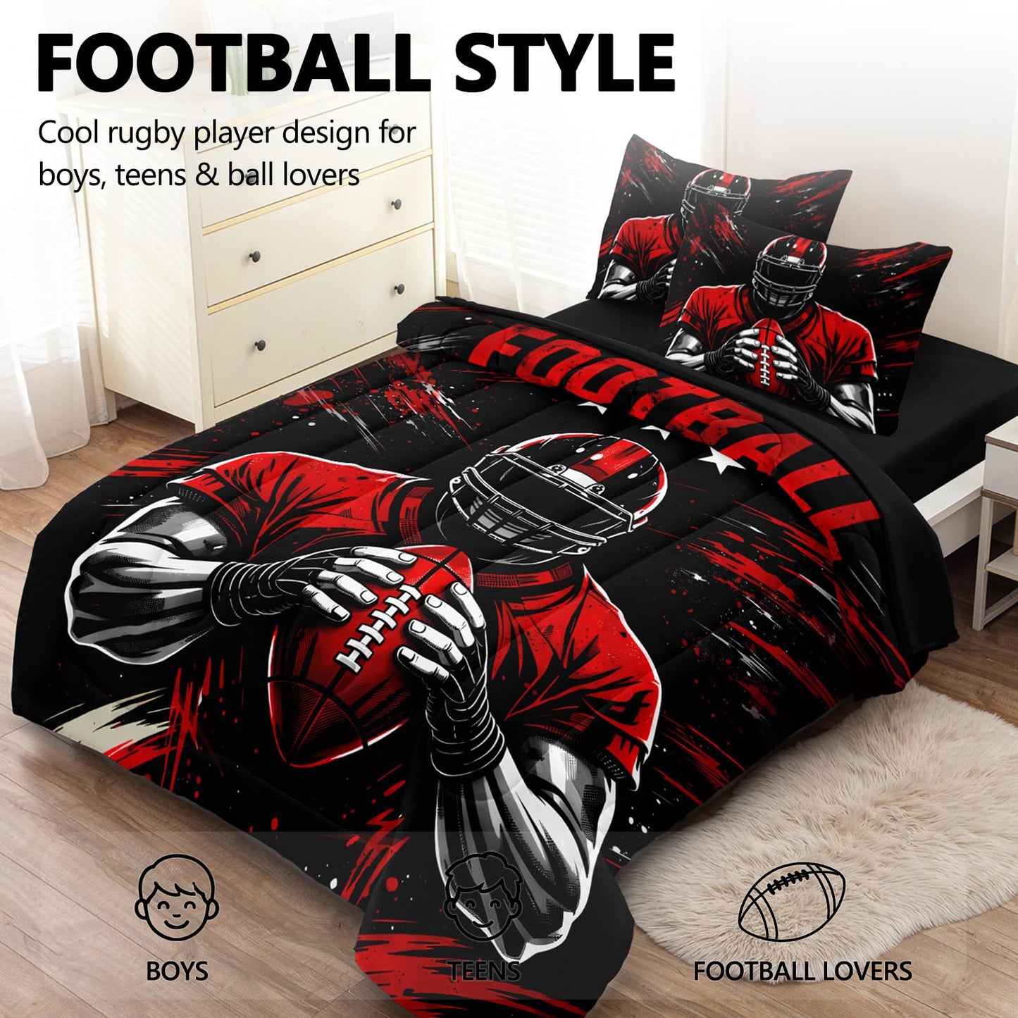 HICAND 5 Pcs Football Full Bedding Set for Boys Teens, Full Size Sports Football Player Boys Comforter Set with Sheets
