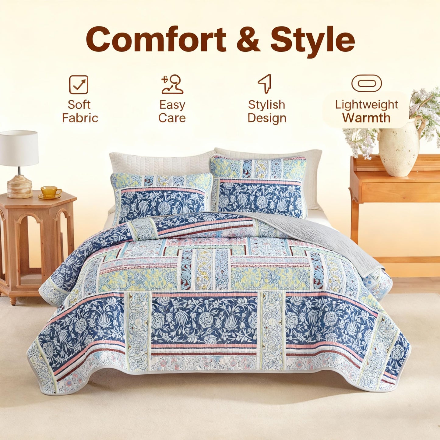 Andreannie Boho Style Quilts King Size Bedding Set Quilted Bedspread Blue Bohemian Blue Floral Soft and Lightweight Bedspread for All Season, Bedding Coverlet with 2 Matching Pillow Shams (3 Pieces)