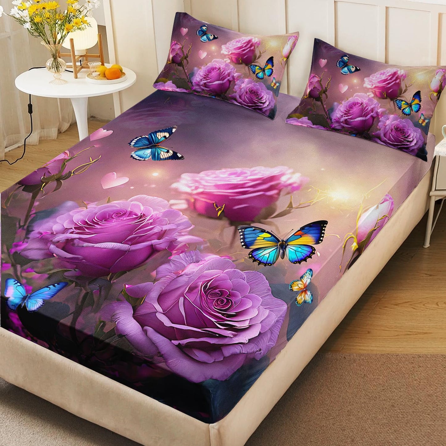 AILONEN 3D Rose Bedding Set Queen Size, Beautiful Rose Floral Print Fitted Sheet Set,Romantic Flowers Bed Sheet for Girls Women Bedroom Decor,Pink Rose Fitted Sheet with 2 Pillow Case,3-Piece