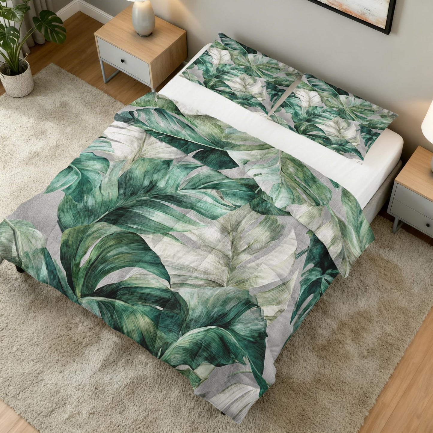 Monstera Leaf Comforter Set King Size 3Pc, Tropical Botanical Leaves Pattern Down Alternative Bed Comforter, 2 Pillow Shams, Soft All Season Bedding, Monstera Leaf Bedroom Decor AF3788