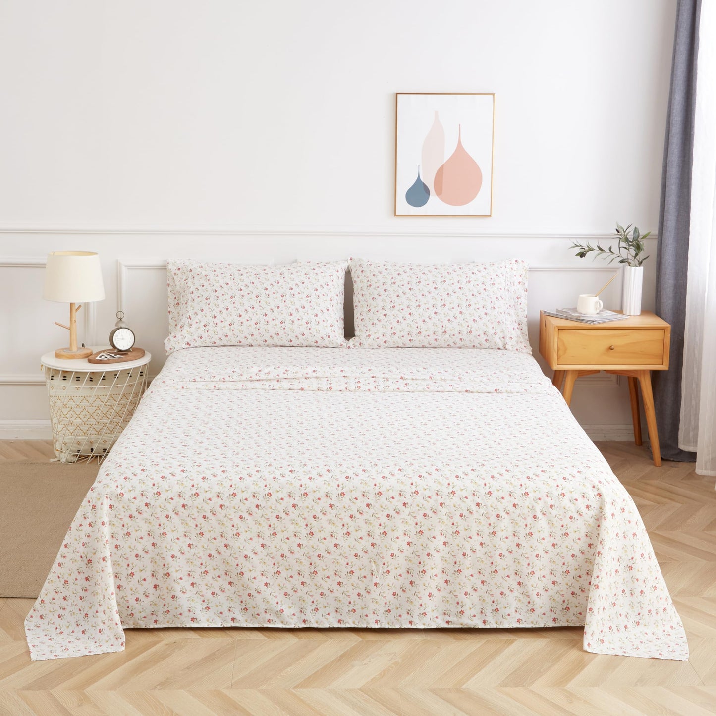 California King Bed Sheet Set 4PC Printed Red Cute Flower Sheet Pattern Cooling Brushed Microfiber Deep Pocket Floral Sheets Set Luxury, Soft, Breathable, Hypoallergenic, Wrinkle Free Double Bedding