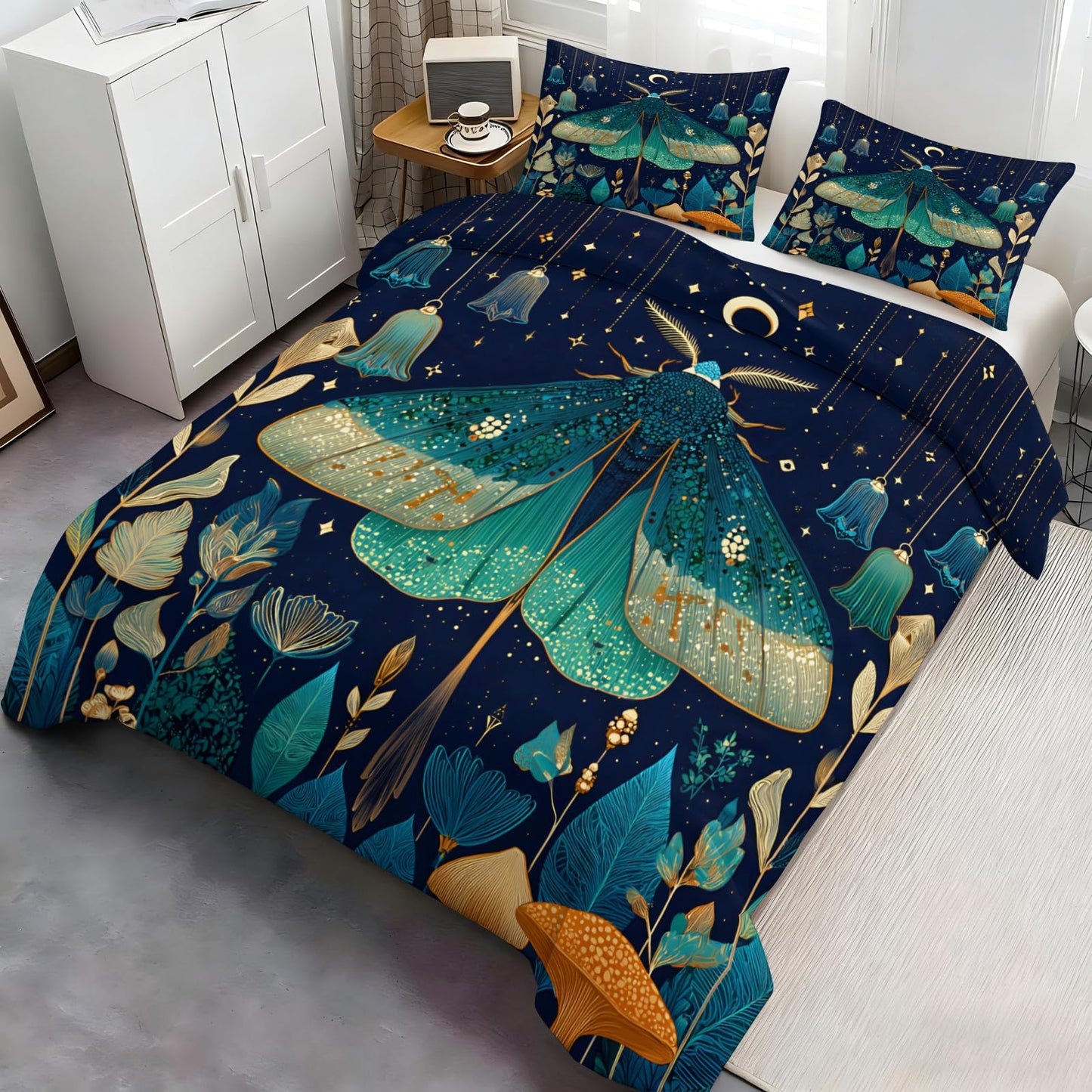 ZAMODE Moth Duvet Cover Oversized King Size, Boho Moth Comforter Cover 120" x 98", Jungle Plant Flower Bedding Set with 2 Pillowcases