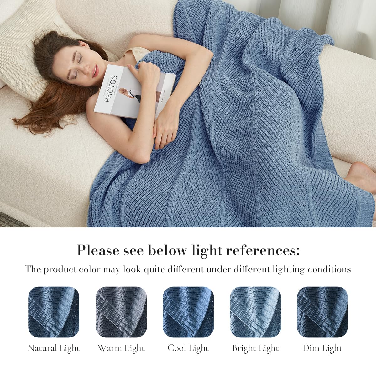 Amélie Home Knit Throw Blanket, Soft Chenille Cozy Breathable Chevron Chunky Decorative Blanket for Couch, Bed & Sofa, French-Inspired Lightweight Warm Gift for Women, Washed Blue, 50"x60"