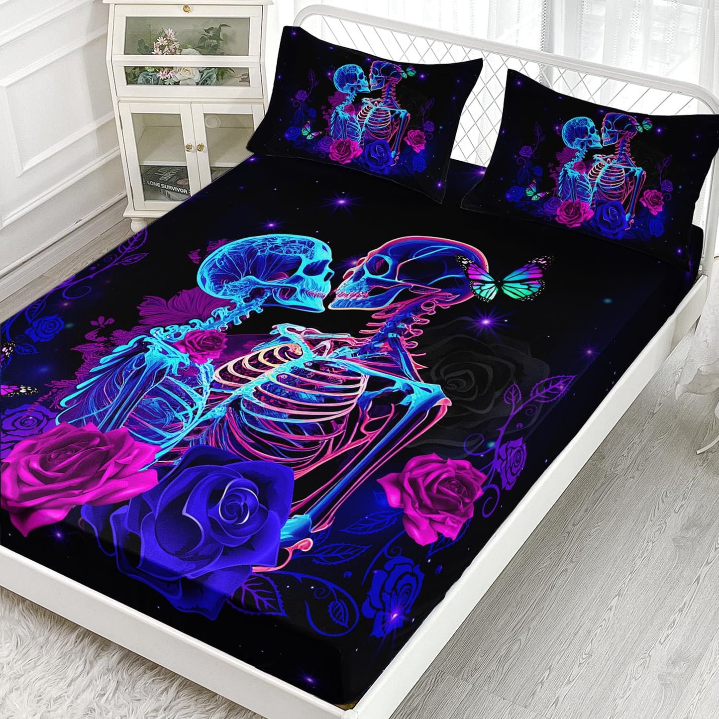 AILONEN Sugar Skull Fitted Sheet Set Queen Size, 3D Skeleton Bone Couple Bed Sheet Set,Purple Rose Skull Sheets for Boys Girls 3 Pieces, 1 Fitted Sheet and 2 Pillowcases