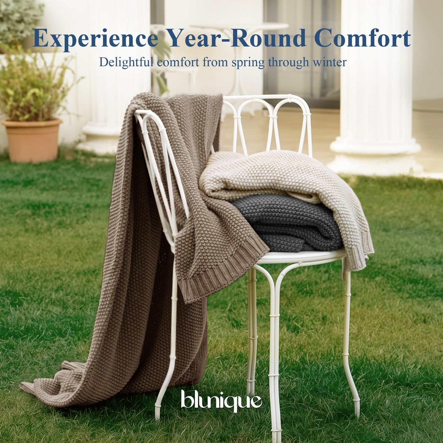 blunique 100% Cotton Cable Knit Throw Blanket, Lightweight Soft Knit Blanket for Sofa Couch Bed, Breathable All-Season Throw, Cozy Decorative Blanket, 50 x 60 Inch,Taupe